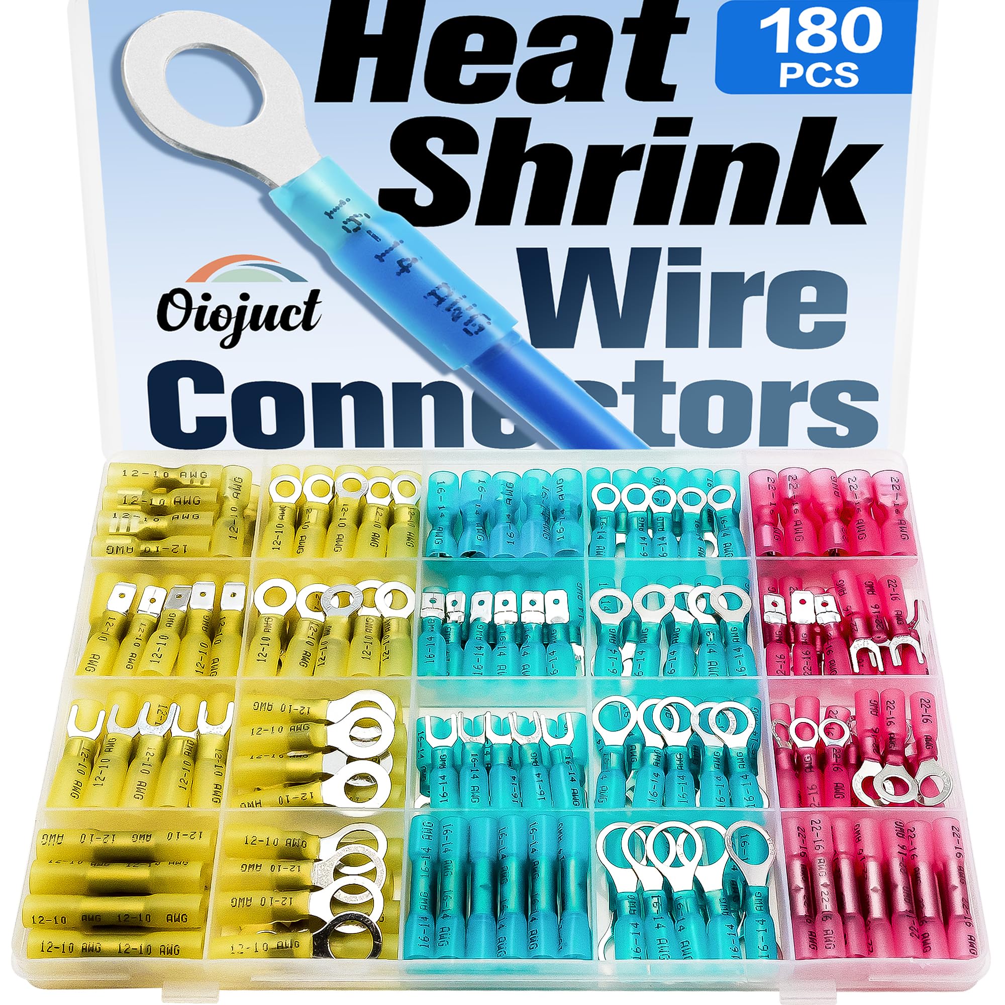 180Pcs Heat Shrink Wire Connectors Kit - Waterproof Marine Automotive Battery Electrical Crimp Terminals Set, Ring Fork Spade Butt Splices