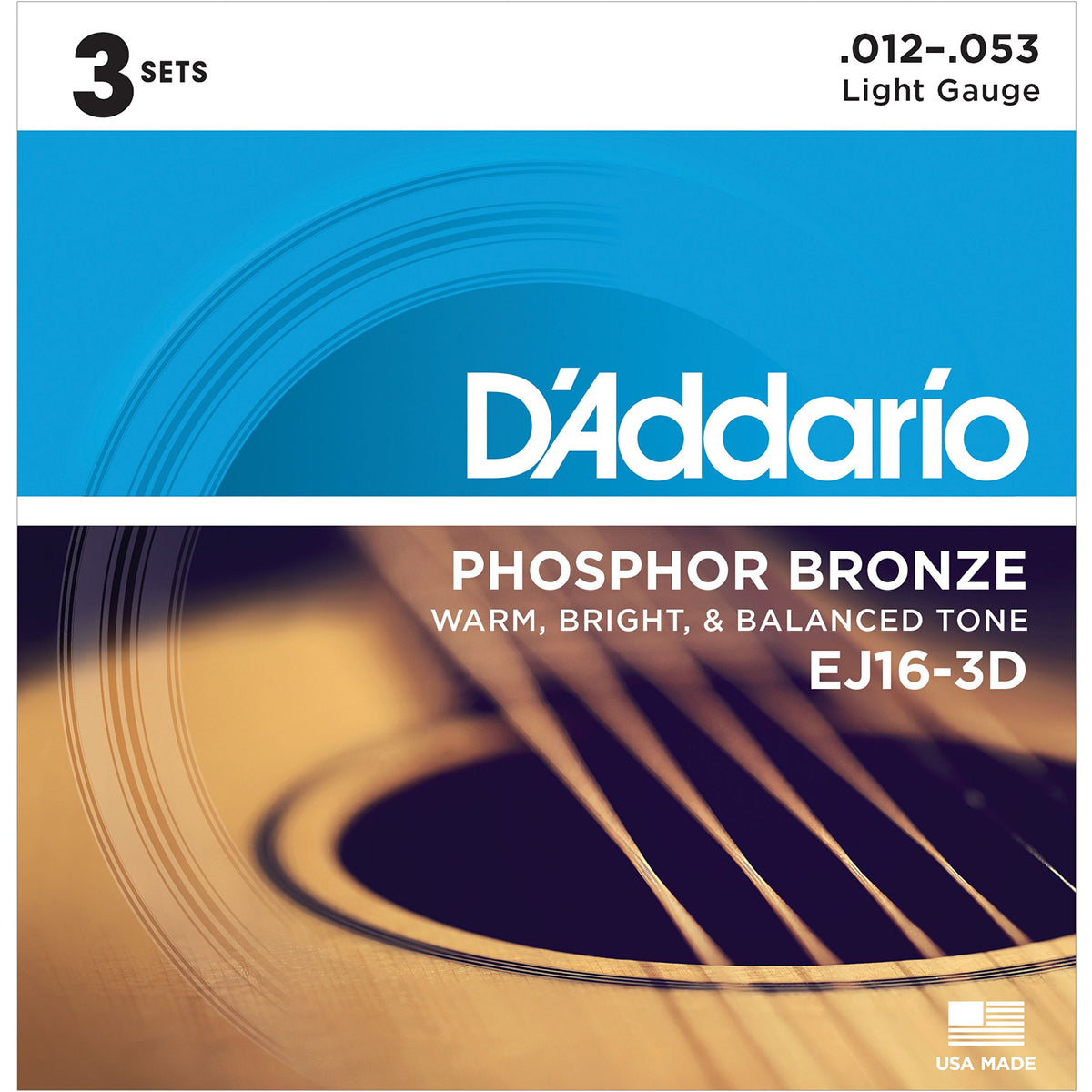 D'Addario Gitarrensaiten – Phosphor Bronze Akustikgitarrensaiten – EJ16-3D – Reiches, volles Klangspektrum – Für 6-saitige Gitarren – 12-53 Light, 3er-Pack