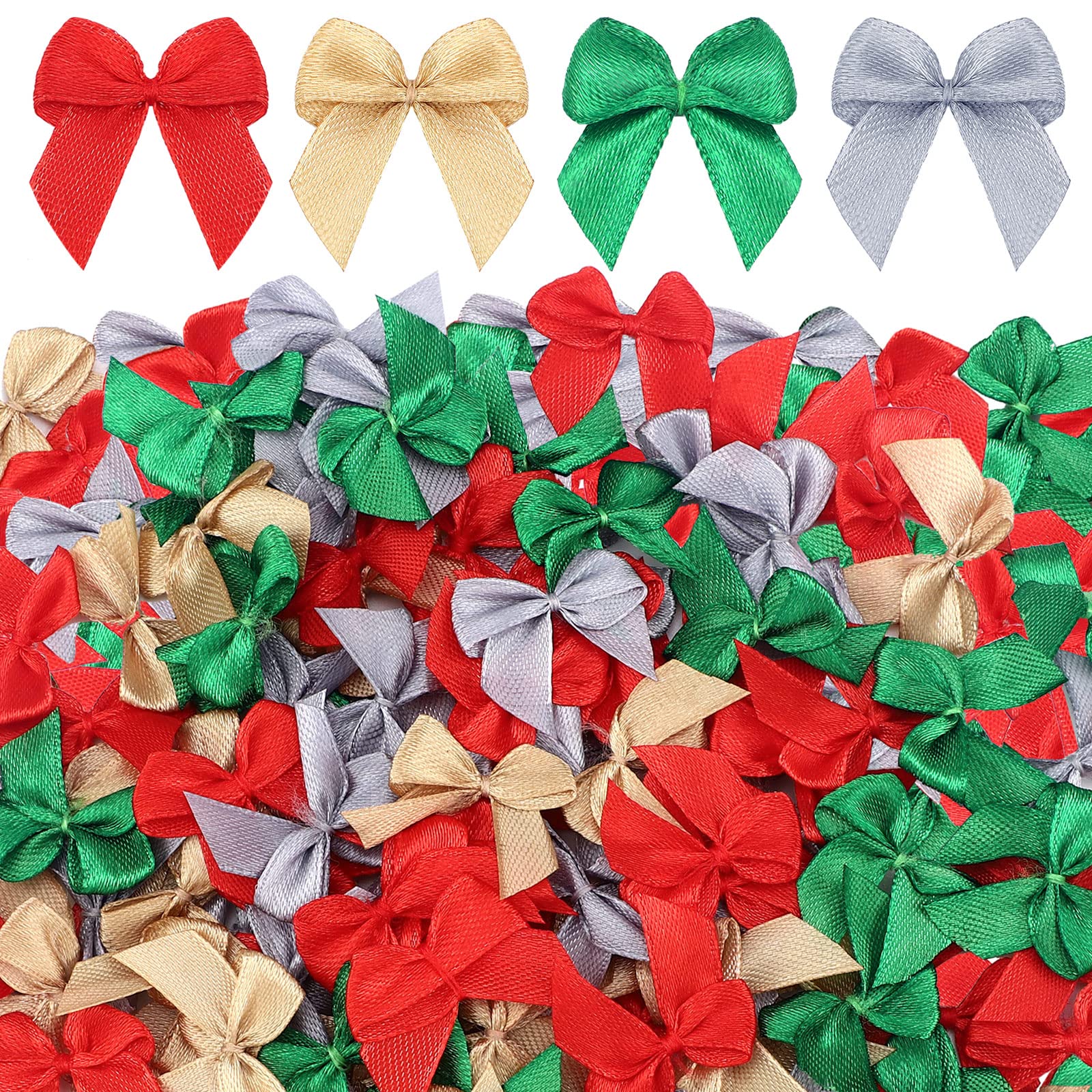 150 Pcs Christmas Checkered Natural Mini Bow Tiny Twist Tie Bow Handmade Craft Ribbon Bow Hair Small Bow Buffalo Plaid Bow Craft Supply for DIY Sewing Party Decor (Gold, Silver, Red, Green)