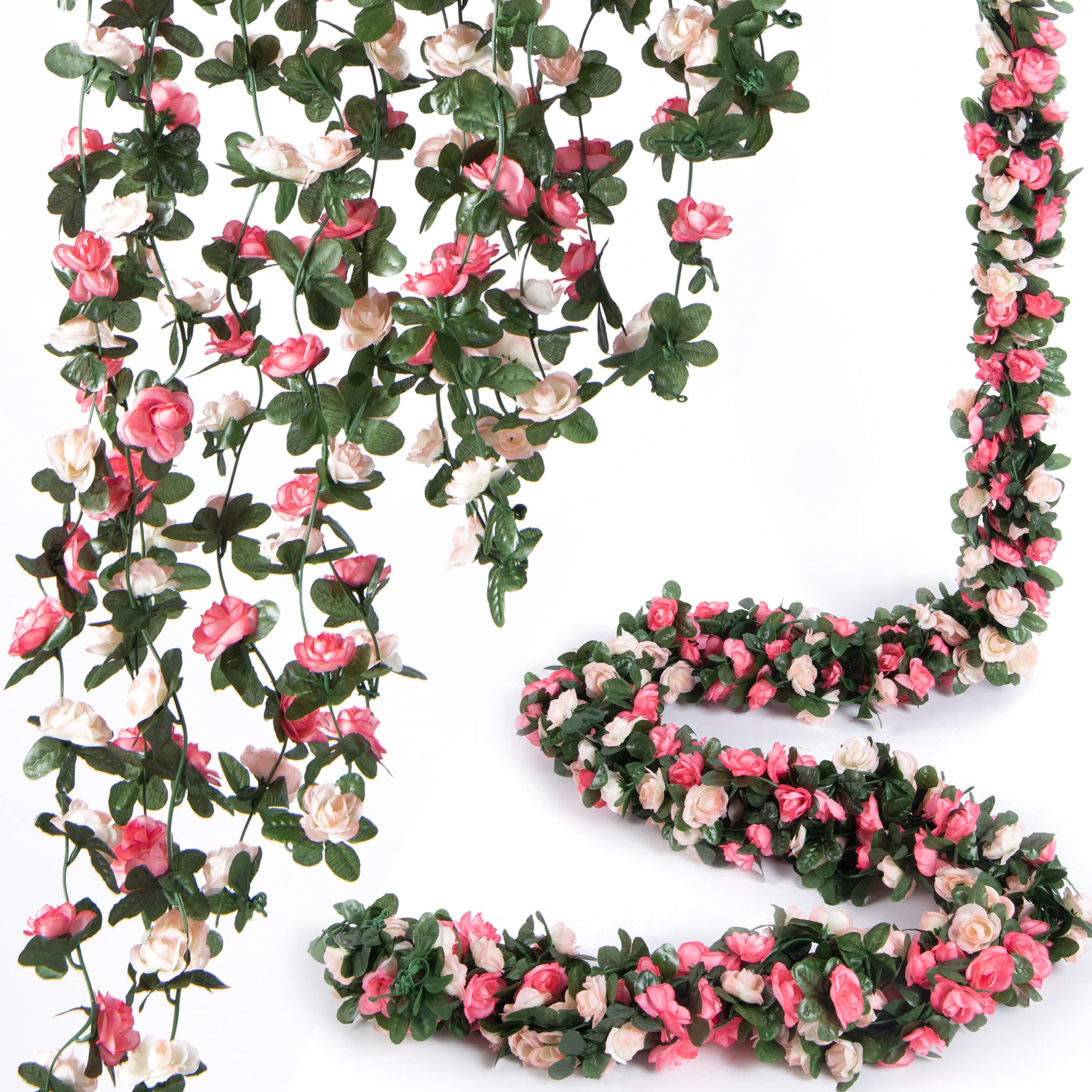 PONKING 8 Pcs x 8.2 ft Flower Garland Artificial Rose Vine Flowers with Green Leaves Hanging Fake Roses Vine for Room Party Home Wedding Birthday Christmas Wall Arch Decor, Spring Pink Flower