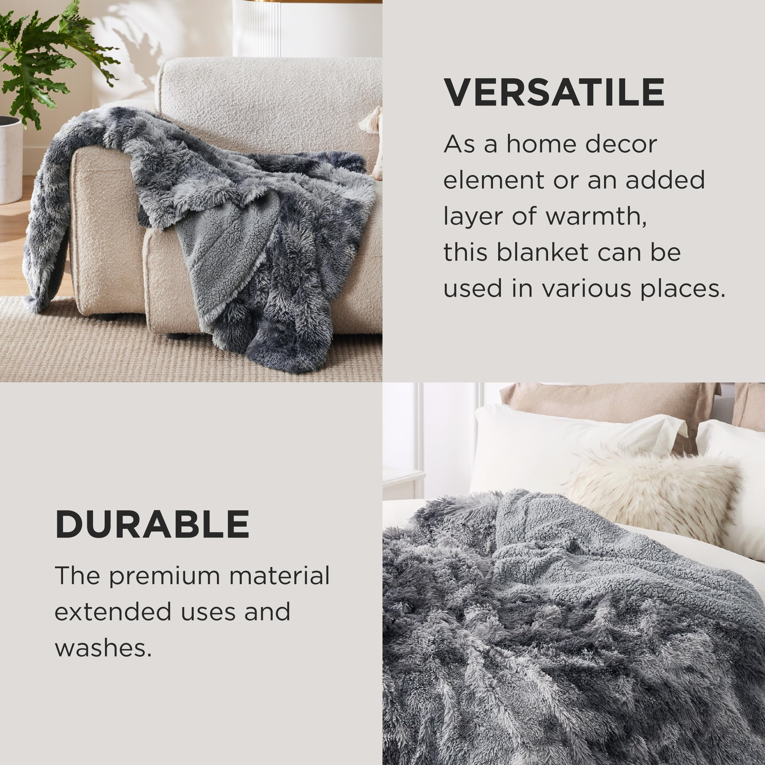 Bedsure GentleSoft Fluffy Fuzzy Faux Fur Throw Blanket, Soft Sherpa Fleece Cozy Gifts for Women, Grey Room Decor for Men Plush Blanket for Couch Bed, Thick Warm Minky Gifts for Girls Boys Teenages