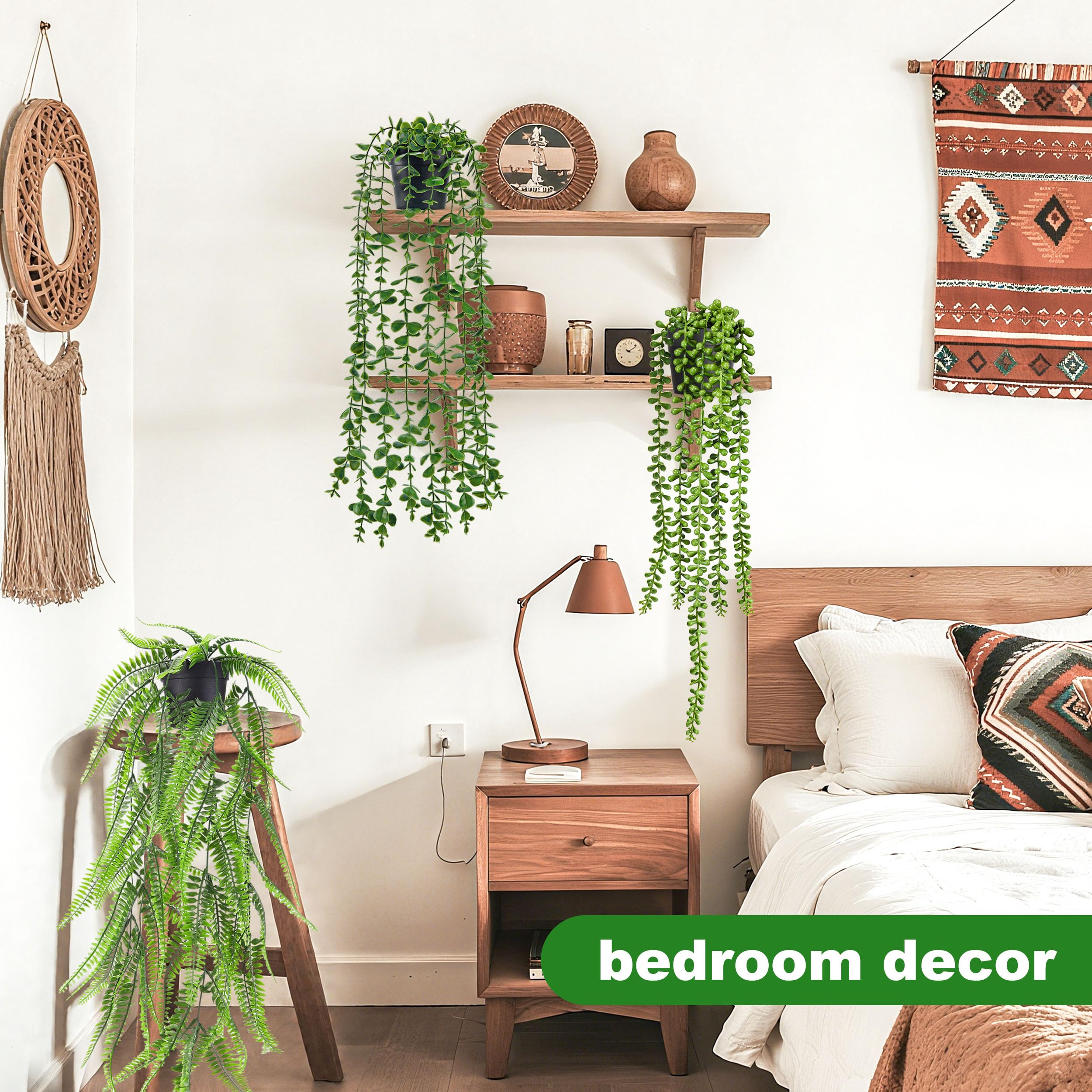 Der Rose 4Pcs Fake Plants Hanging Artificial Ivy Vine Faux Eucalyptus Hanging Plants, Boston Fern, String of Pearls for Living Room Bedroom Boho Wall Shelf Indoor Outdoor Decor