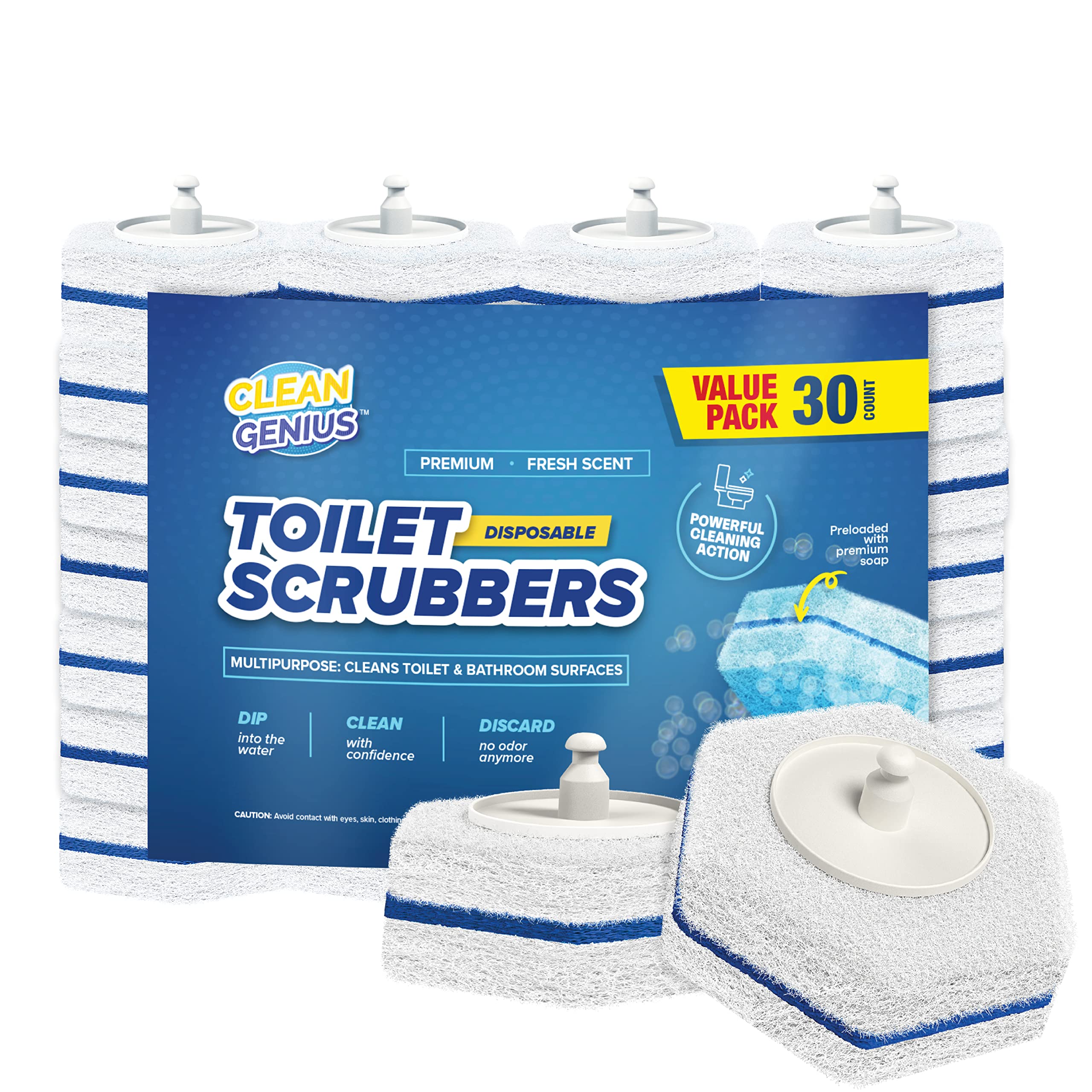 CleanGenius Disposable Prefilled Toilet Cleaning Scrubbers, 30 Count