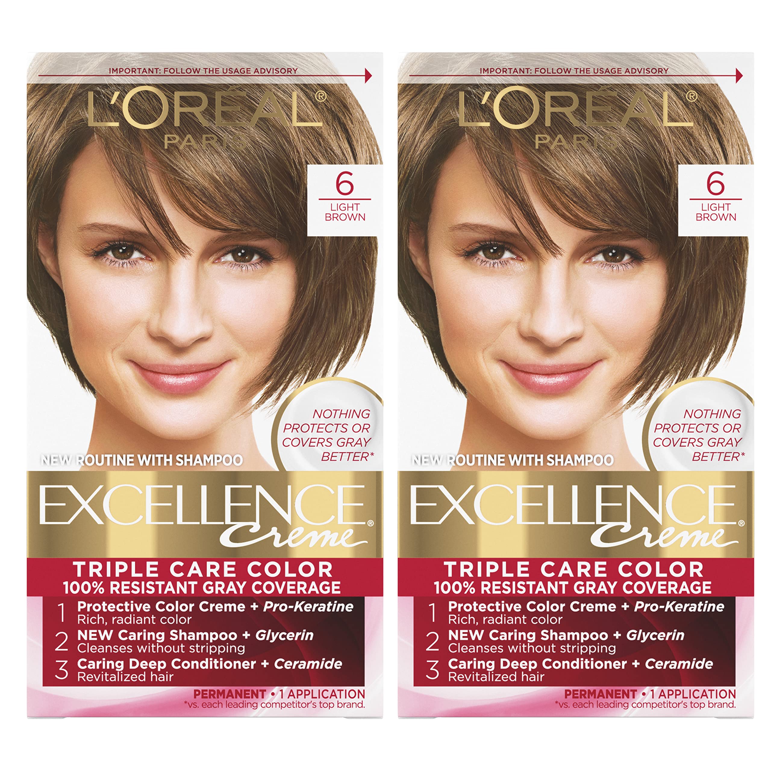 L'Oreal Paris Excellence Creme Permanent Hair Color, 5RB Medium Reddish Brown, 100 percent Gray Coverage Hair Dye, Pack of 2