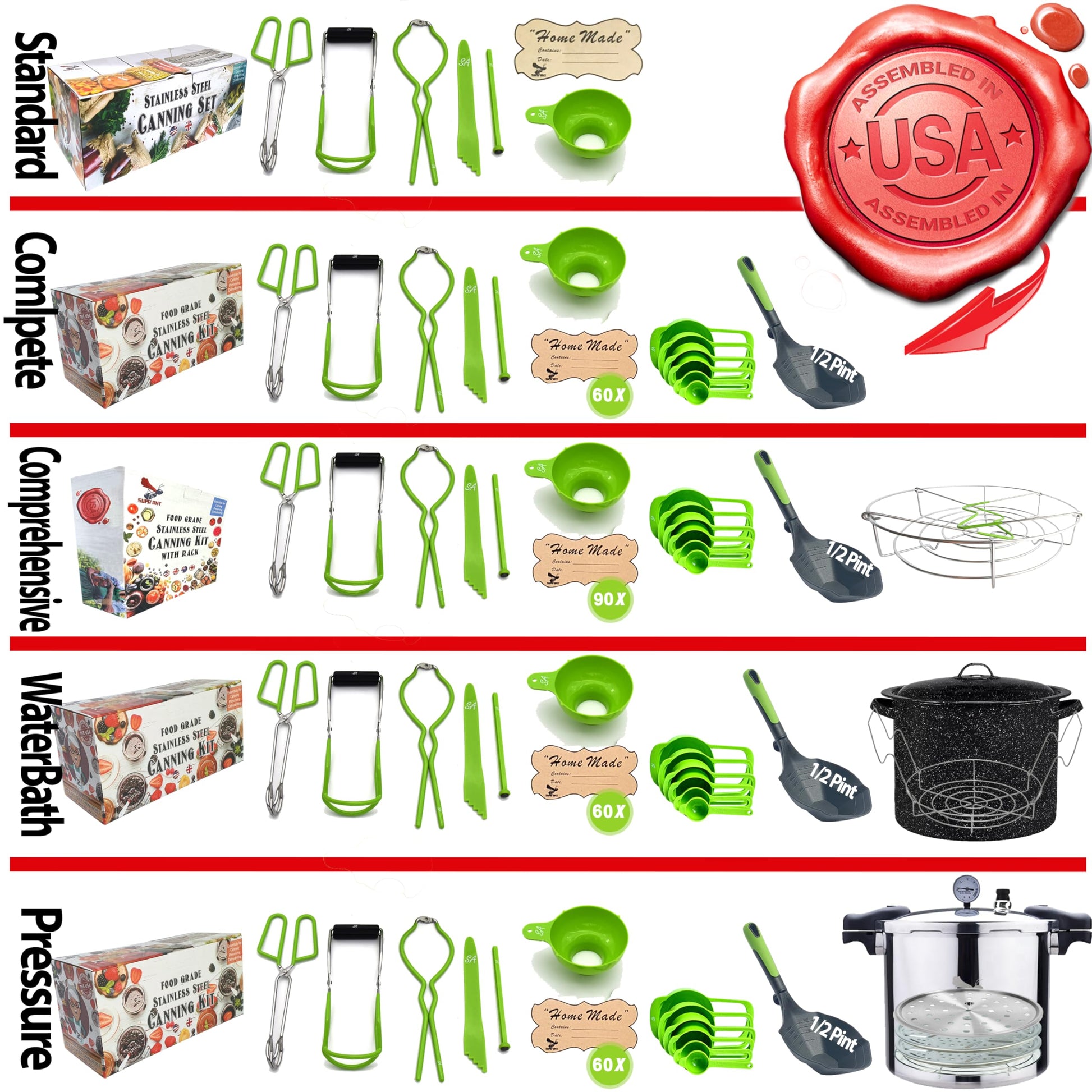 Supa Ant Canning Supplies - Water Bath Canning Pot with Rack & Lid - Starter Kits Set for Beginners - Stainless Steel Water Bath Canner Kit & Rack - Rack, XL Ladle, Measuring Cups, Kitchen Funnel