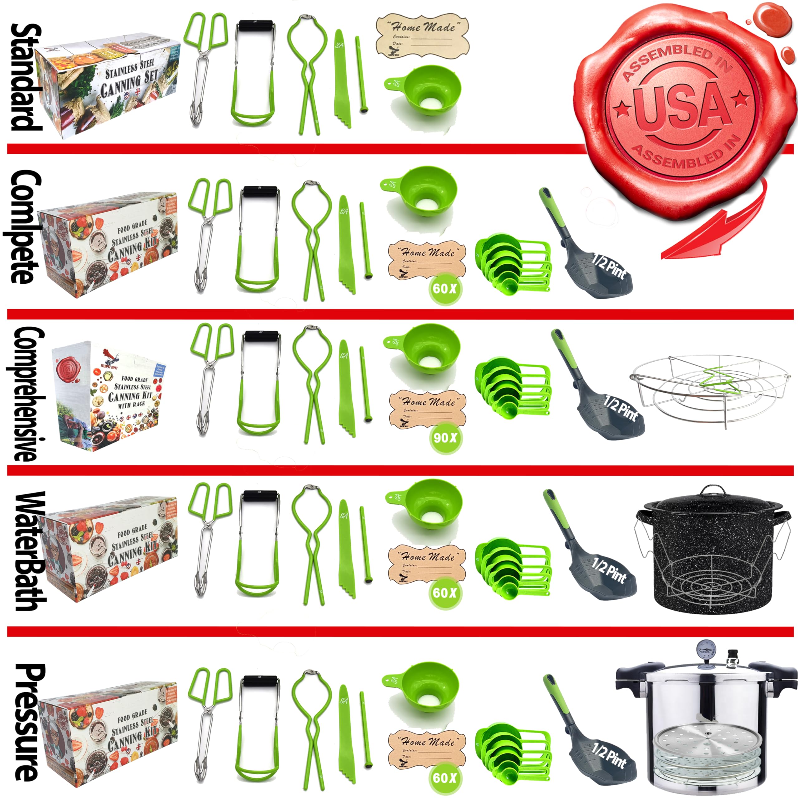 Supa Ant Canning Supplies - Water Bath Canning Pot with Rack & Lid - Starter Kits Set for Beginners - Stainless Steel Water Bath Canner Kit & Rack - Rack, XL Ladle, Measuring Cups, Kitchen Funnel