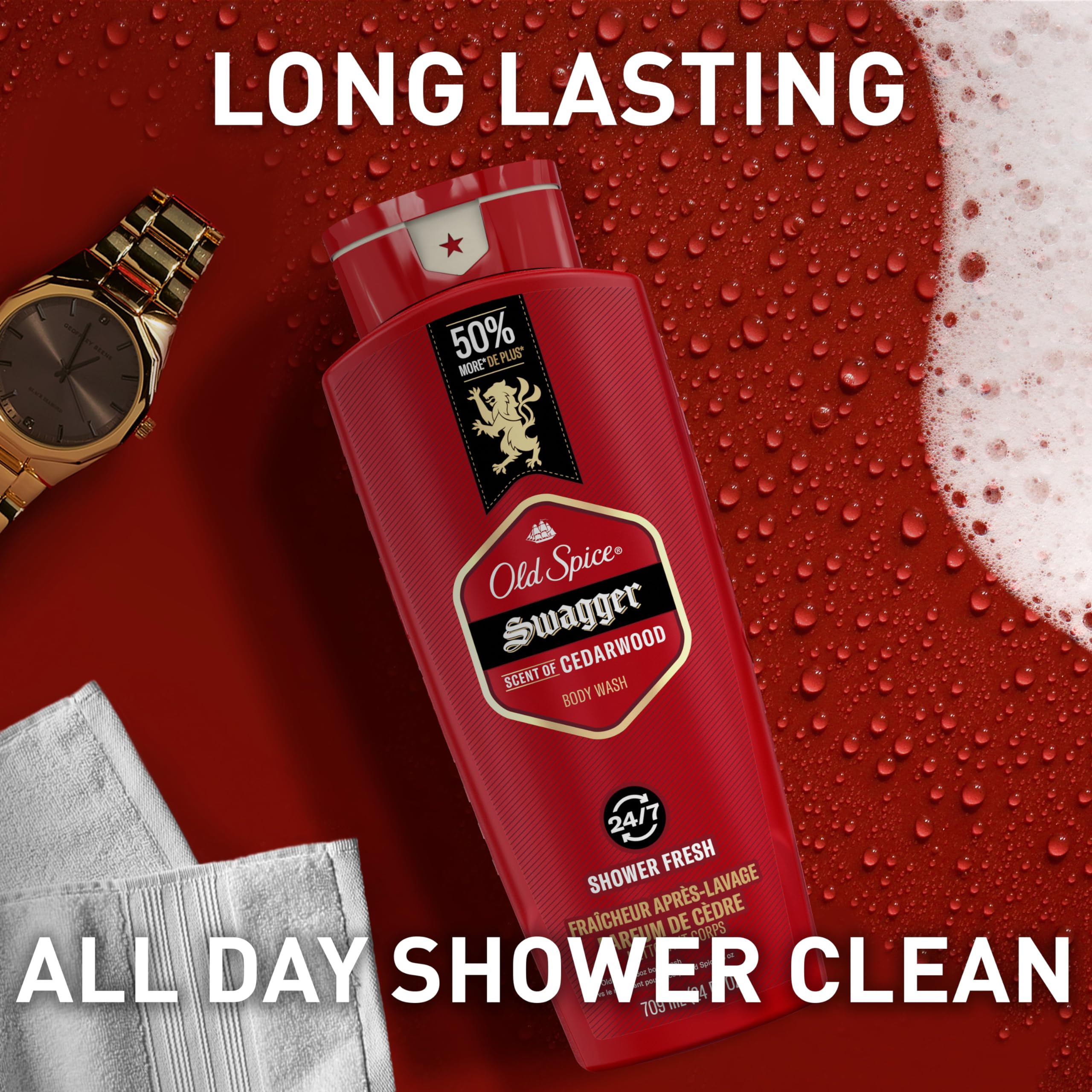 Old Spice Refreshing Body Wash for Men, 3X Defense, 24/7 Shower Fresh with Long Lasting Scent, Red Collection, Swagger with Cedarwood Scent, 24 oz (Pack of 2)