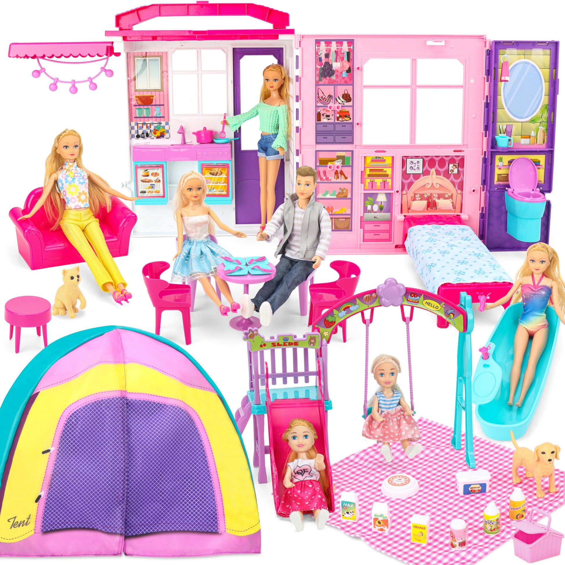 Style Shine Doll House Portable & Foldable Dollhouse w/ 60+ Pcs & 2 Dolls, Play House Toy with Bedroom Kitchen Furniture Camping Playset, Playhouse Birthday Gift for Girl Kid Toddler