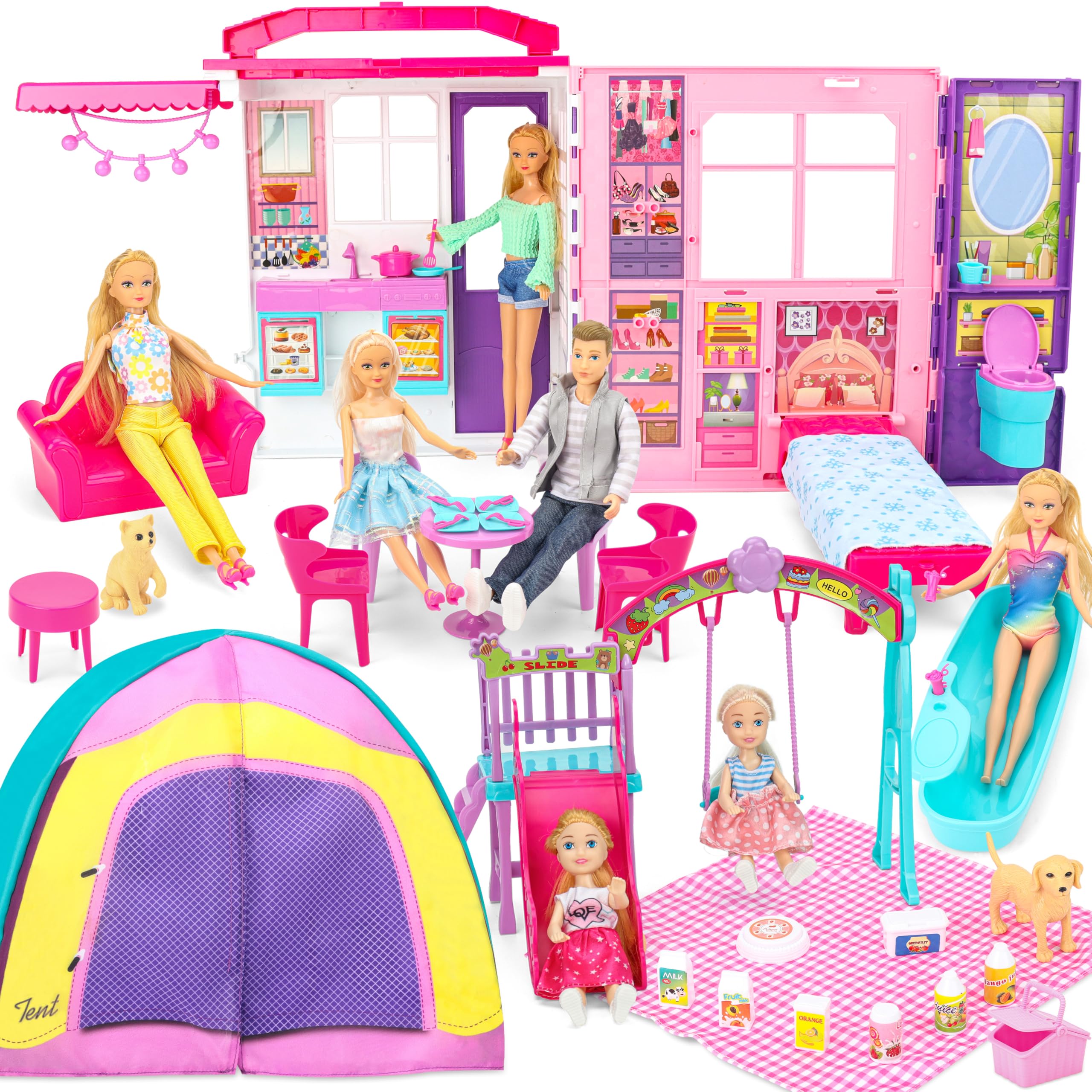 Style Shine Doll House Portable & Foldable Dollhouse w/ 60+ Pcs & 2 Dolls, Play House Toy with Bedroom Kitchen Furniture Camping Playset, Playhouse Birthday Gift for Girl Kid Toddler