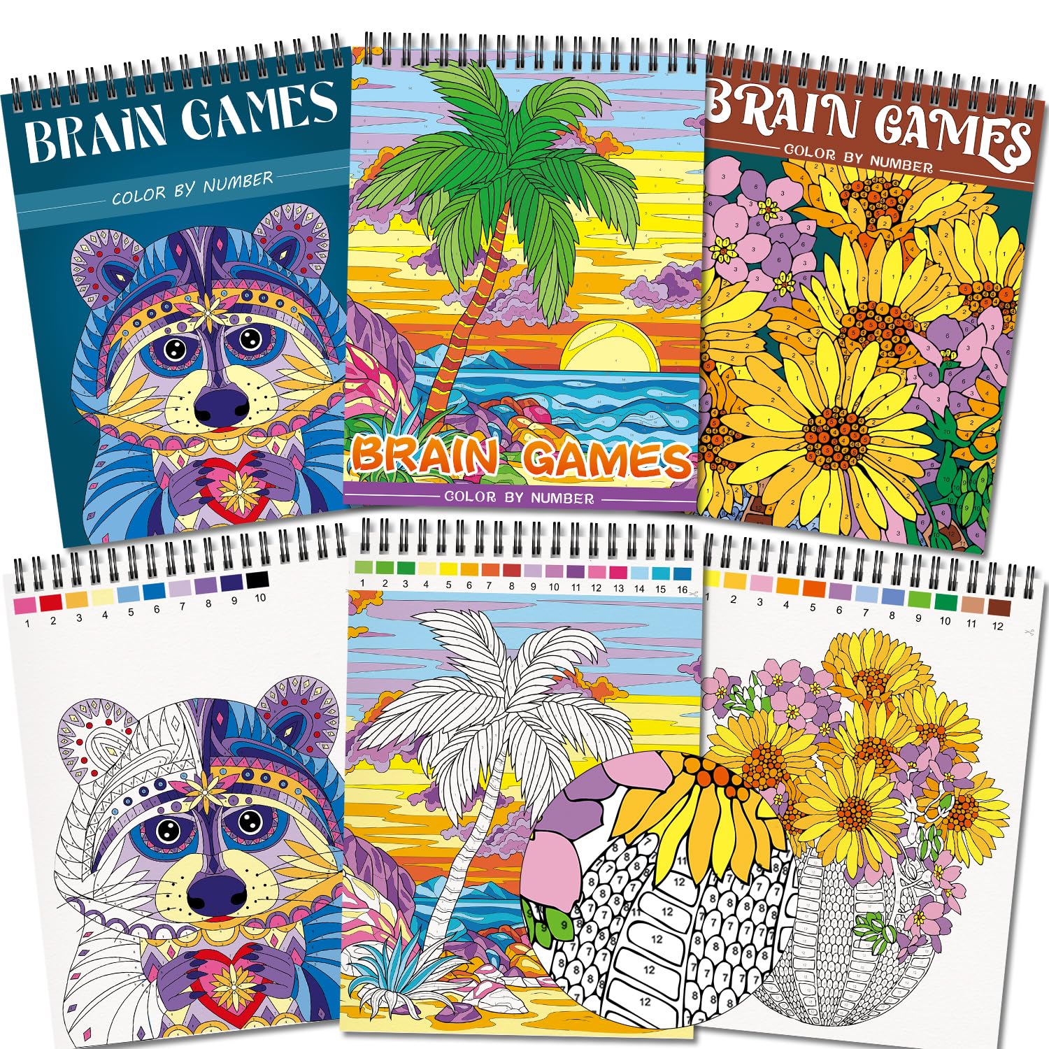 Kalysky Color by Numbers Adult Coloring Books,3 Fun Coloring Books for Adult Relaxation,60 Pages of Flowers Nature Landscapes Animals,Brain Game for Adults