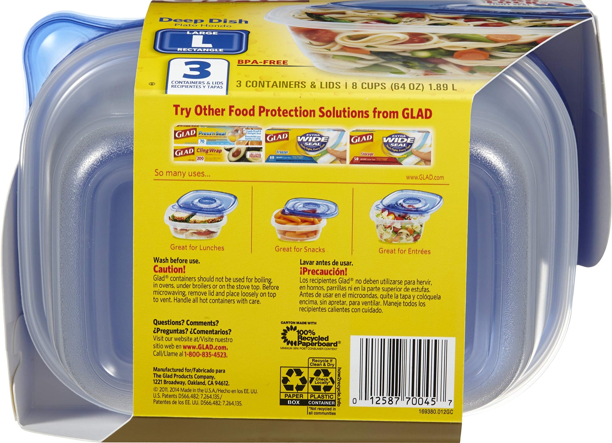 Glad Food Storage Containers, Deep Dish, 64 Ounce, 3 Count