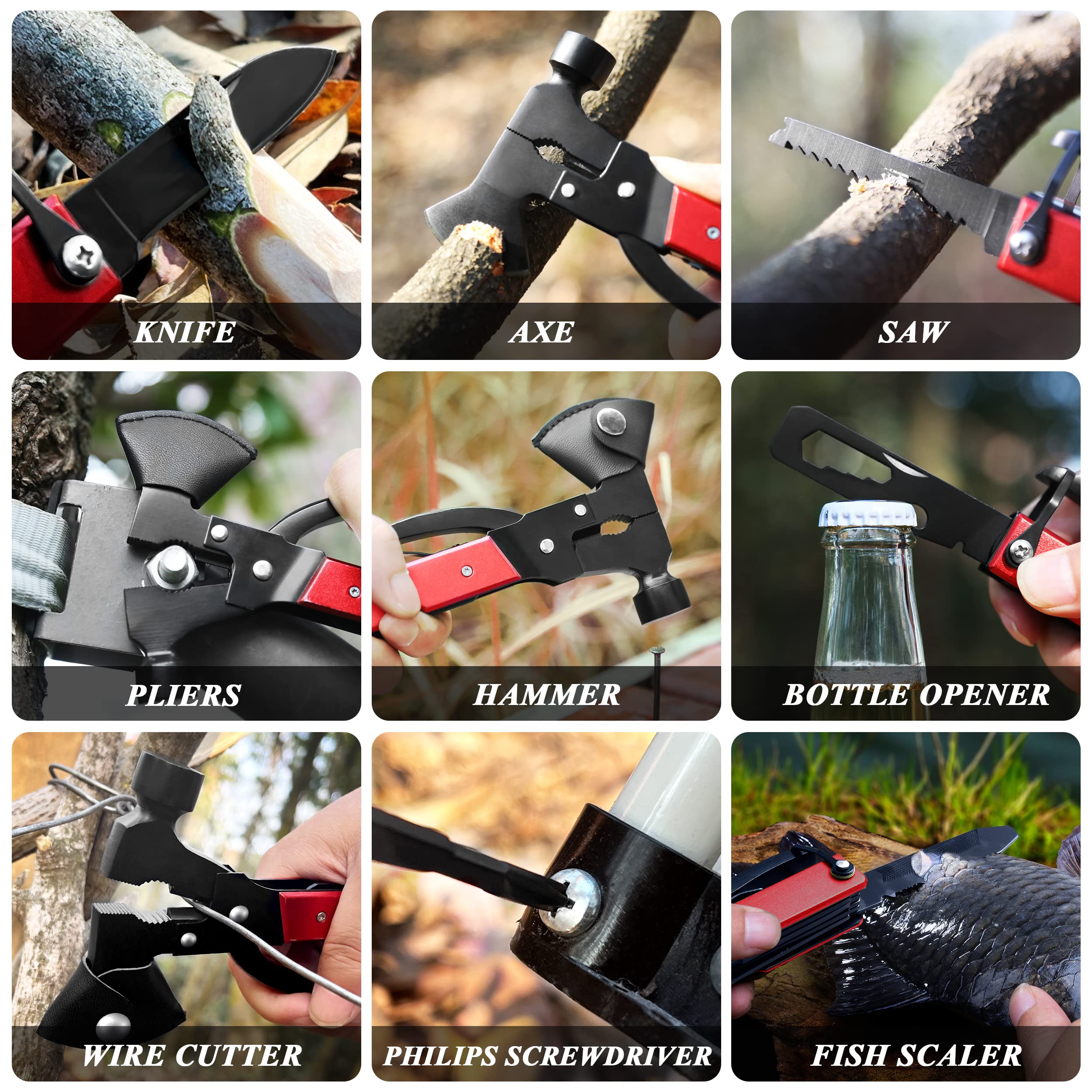 RoverTac Camping Essentials, Multi Tool Axe Hatchet Camping Gear, 14-in-1 Multitool Knife Hammer Pliers Saw Bottle Can Opener Screwdriver, Multitool for Camping Hiking Survival, Gifts for Men Him Dad