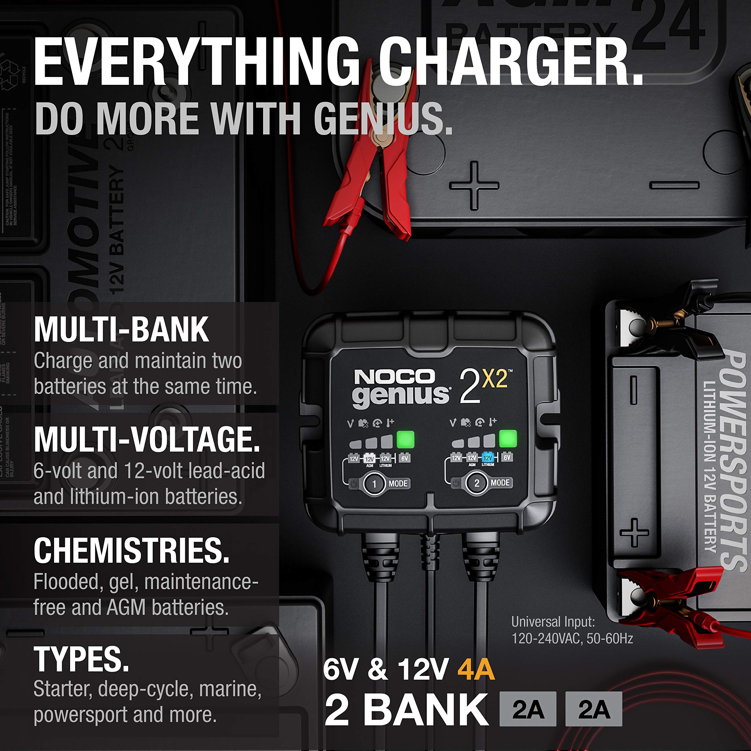 NOCO GENIUS2X2: 4A 2-Bank Smart Battery Charger (2A/Bank) - 6V/12V Automatic Maintainer, Trickle Charger & Desulfator with Overcharge Protection & Temperature Compensation – For Lead-Acid & Lithium