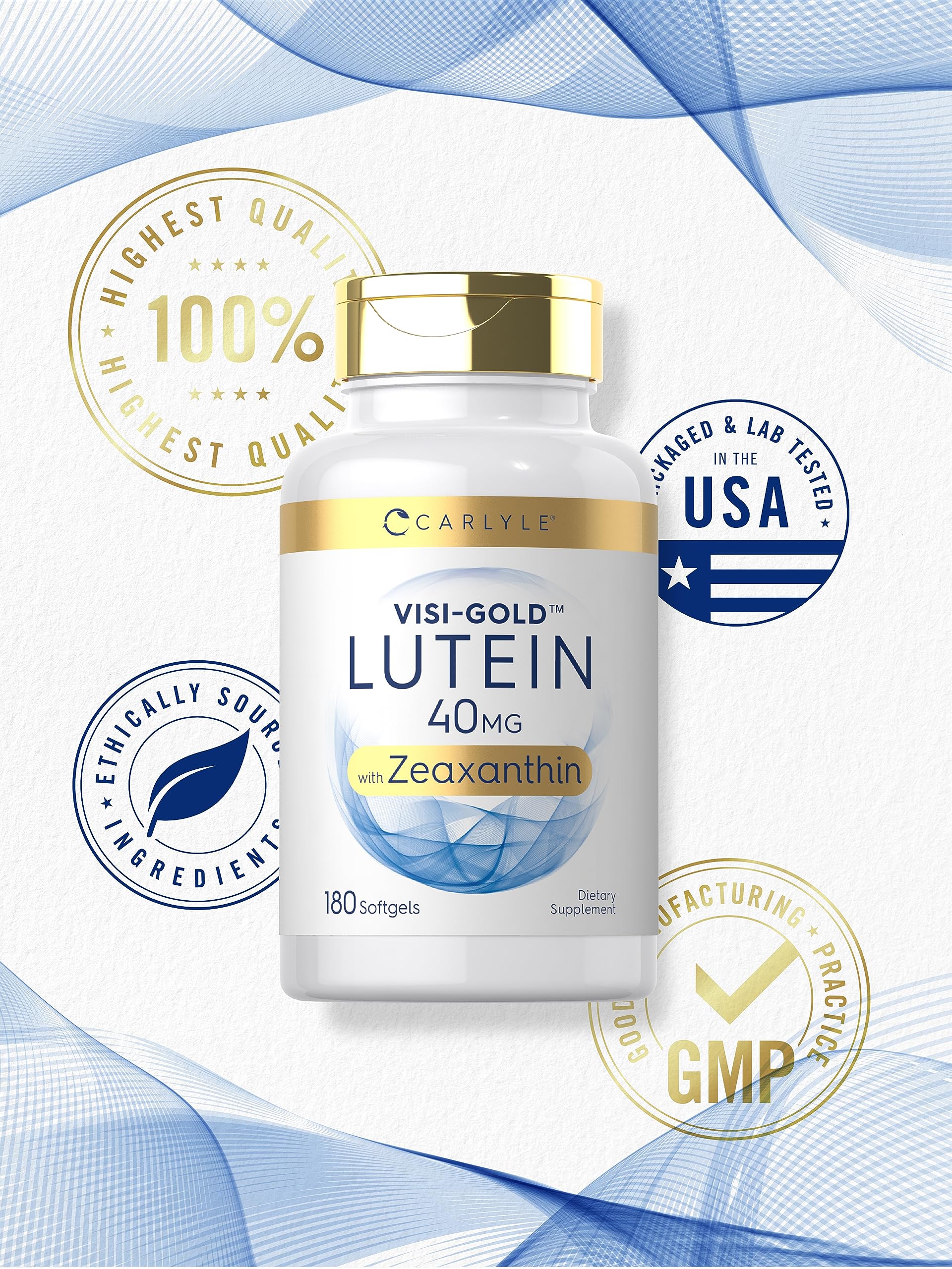 Carlyle Lutein and Zeaxanthin Supplement | 40mg | 180 Softgels | Pills for Eyes | Eye Health Vitamins | Visi-Gold | Non-GMO and Gluten Free