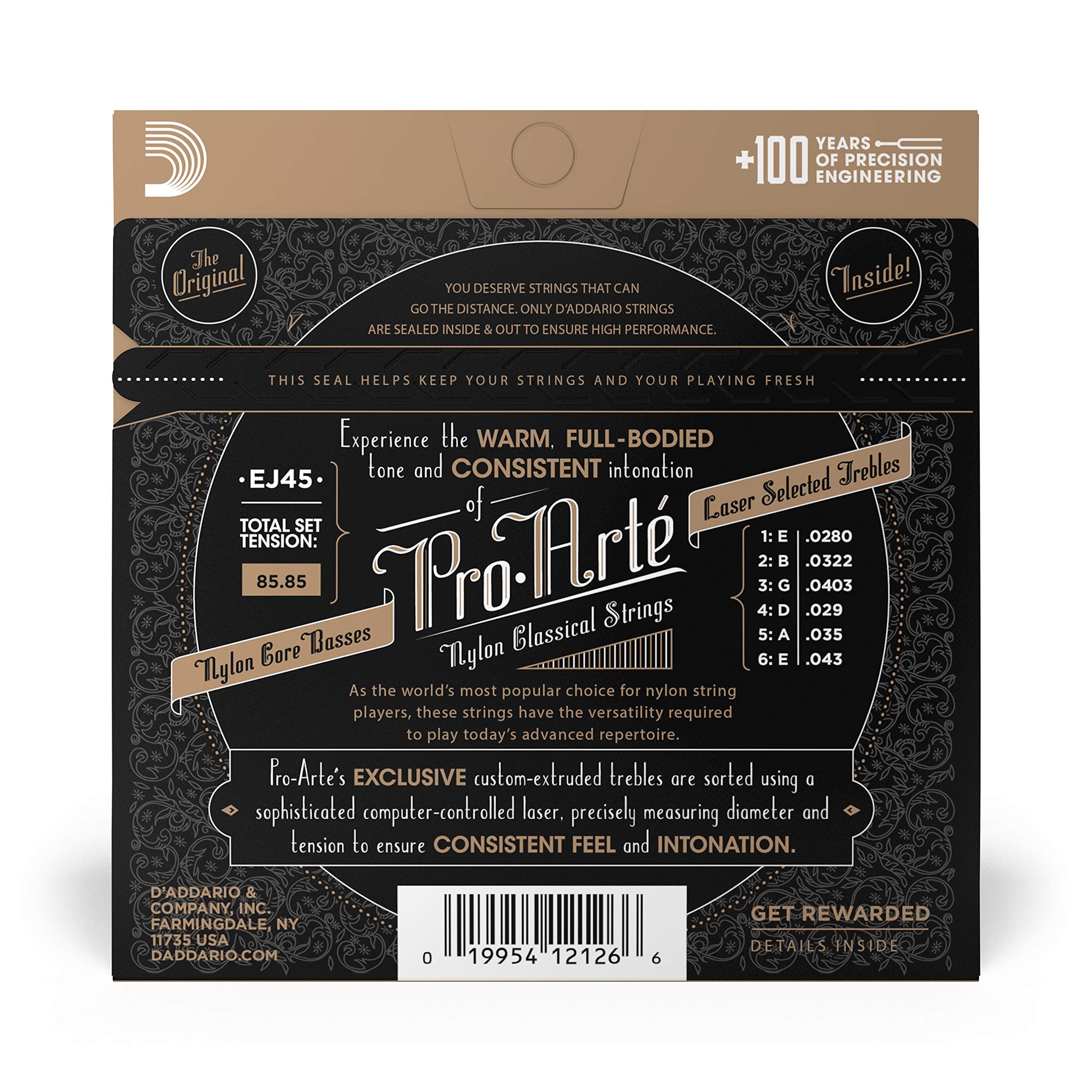 D'Addario Pro Arté Nylon Classical Guitar Strings, EJ45, Normal Tension, 6-String Set, Pack of 1