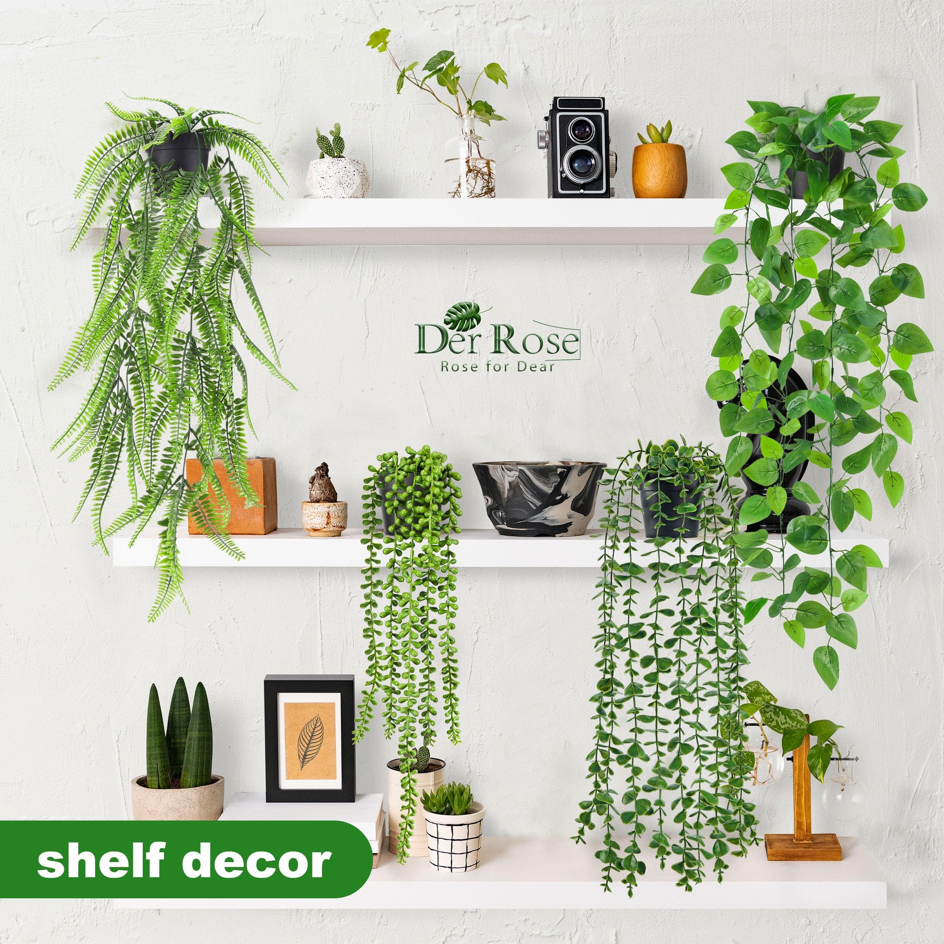 Der Rose 4Pcs Fake Plants Hanging Artificial Ivy Vine Faux Eucalyptus Hanging Plants, Boston Fern, String of Pearls for Living Room Bedroom Boho Wall Shelf Indoor Outdoor Decor