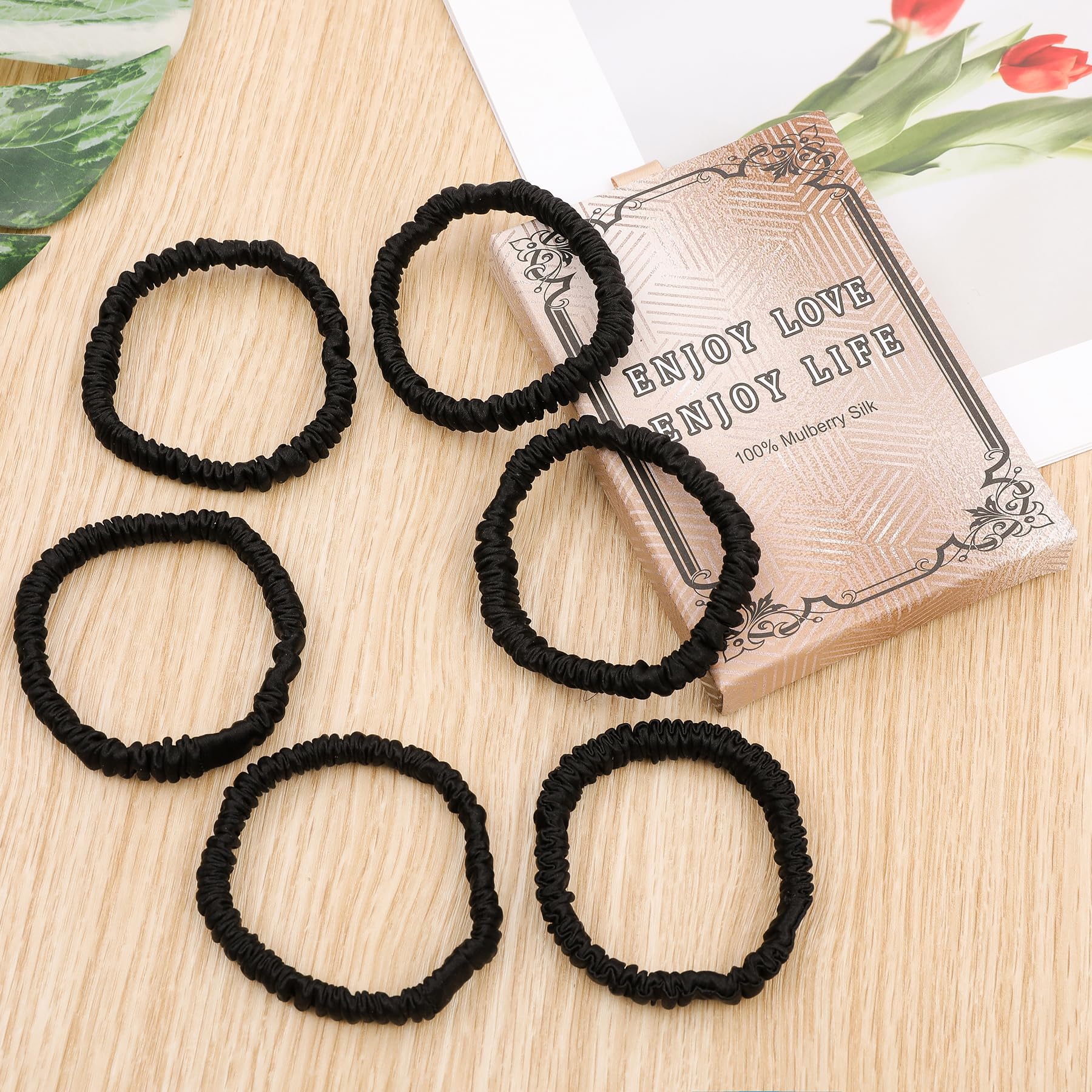 6PCS 100% Mulberry Silk Hair Ties Small Silk Scrunchies for Women Girls Curly Thick Thin Hair .Women's Black Cute Satin Sleepy Bulk Hair Tie Scrunchie Sleep