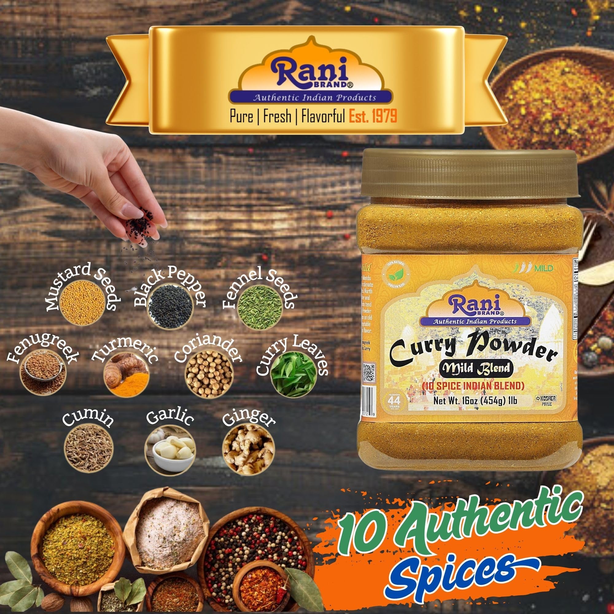 Rani Curry Powder Mild (10-Spice Authentic Indian Blend) 1lb (454g) PET Jar ~ All Natural | Salt-Free | NO Chili or Peppers | Vegan | No Colors | Gluten Friendly | NON-GMO | Kosher | Indian Origin