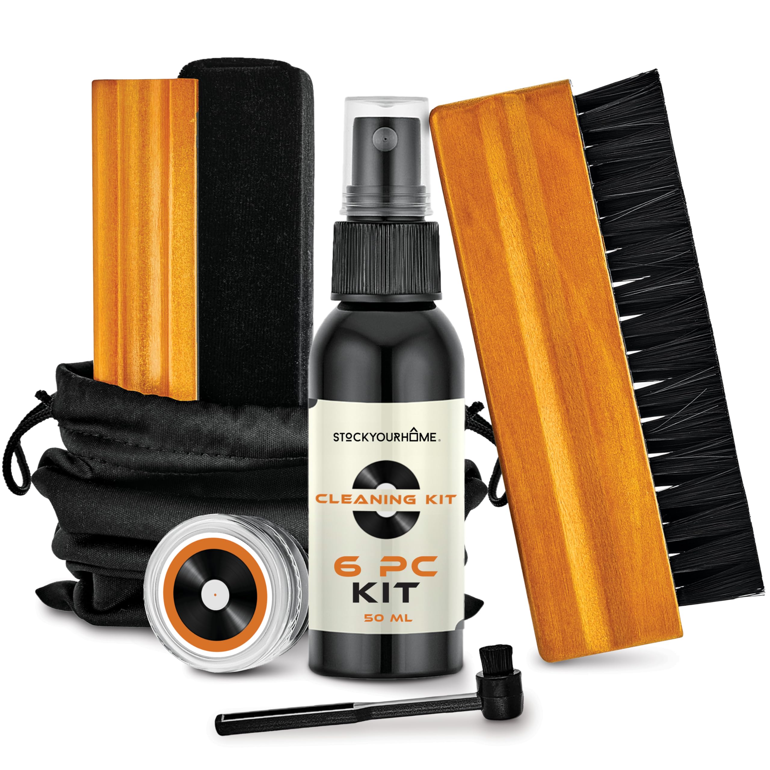 Stock Your Home 6 Piece Vinyl Record Cleaning Kit, Includes Vinyl Cleaner Spray, Anti-Static & Velvet Vinyl Record Brush, Needle Cleaning Gel & Brush, and Drawstring Duster Bag