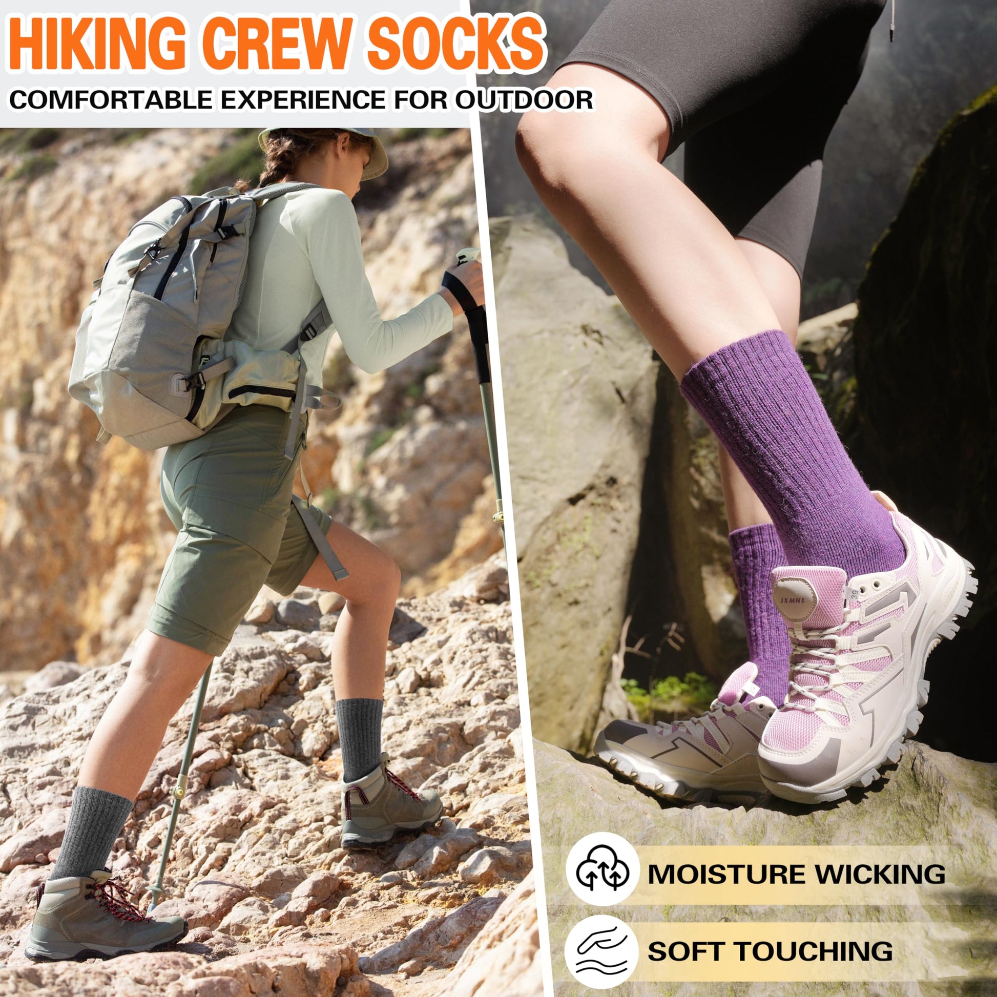 Merino Wool Socks for Women Hiking Warm Winter Thick Boot Thermal Cozy Crew Work Soft Ladies Socks Gift 5 Pack Stocking Stuffers（ Purple/Blue/Black/Grey/Dull Grey）