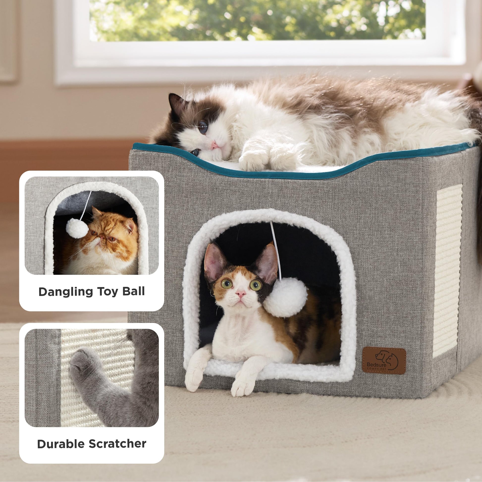 Bedsure Cat Beds for Indoor Cats - Large Cat Cave for Pet Cat House with Fluffy Ball Hanging and Scratch Pad, Foldable Cat Hideaway, 16.5x16.5x13 inches, Grey