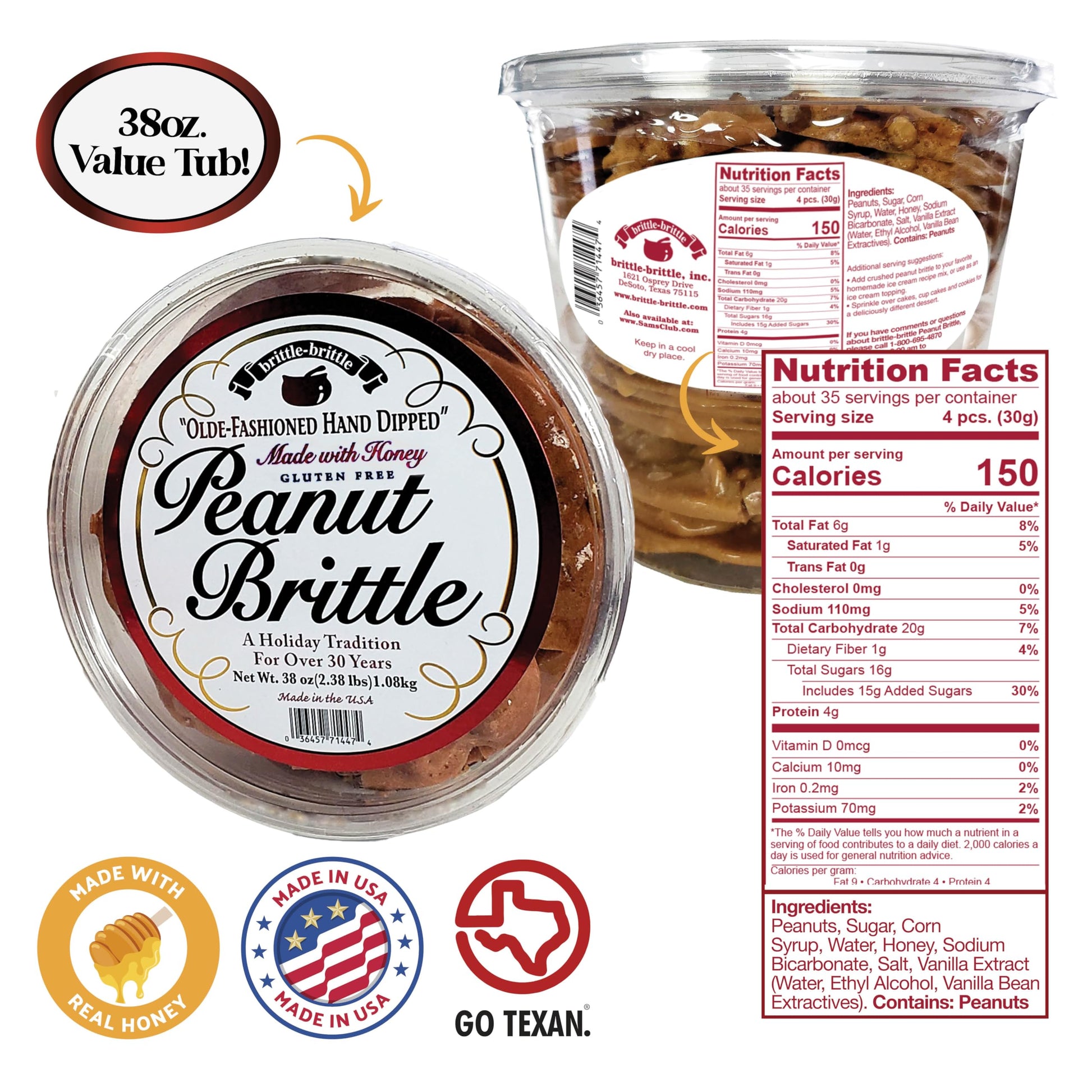 brittle-brittle Peanut Brittle Candy, Handmade Old Fashioned Peanut Brittle Made with Honey, All Natural, Gluten Free, Perfect Snack or Gift, 38 oz