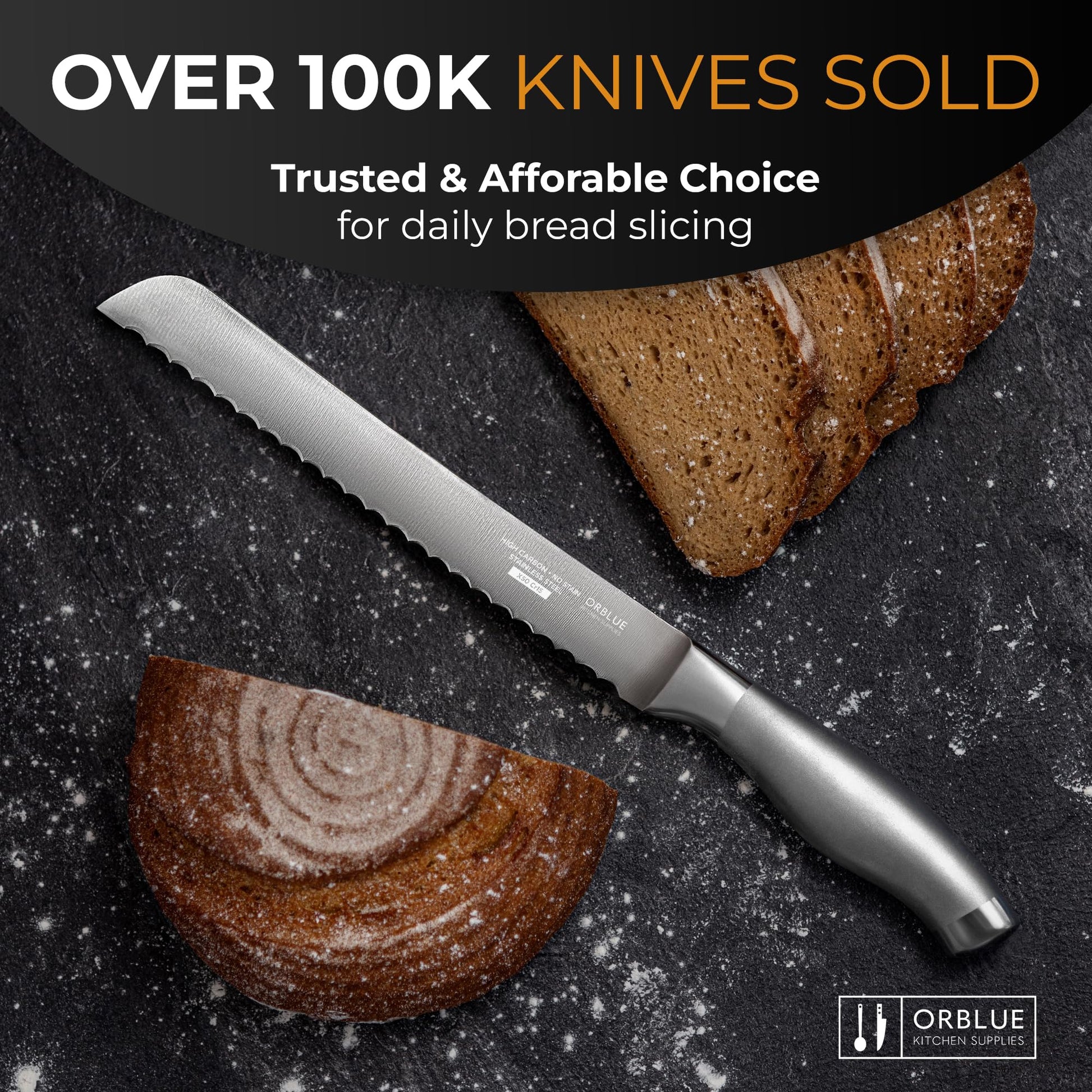 Orblue Serrated Bread Knife with Upgraded Stainless Steel Razor Sharp Wavy Edge Width - Bread Cutter Ideal for Slicing Homemade Bagels, Cake (8-Inch Blade with 5-Inch Handle)