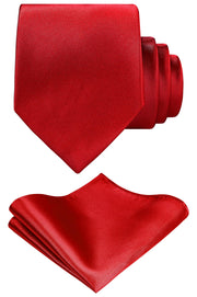 TIE G Solid Satin Color Formal Necktie and Pocket Square Sets in Gift Box (Red)