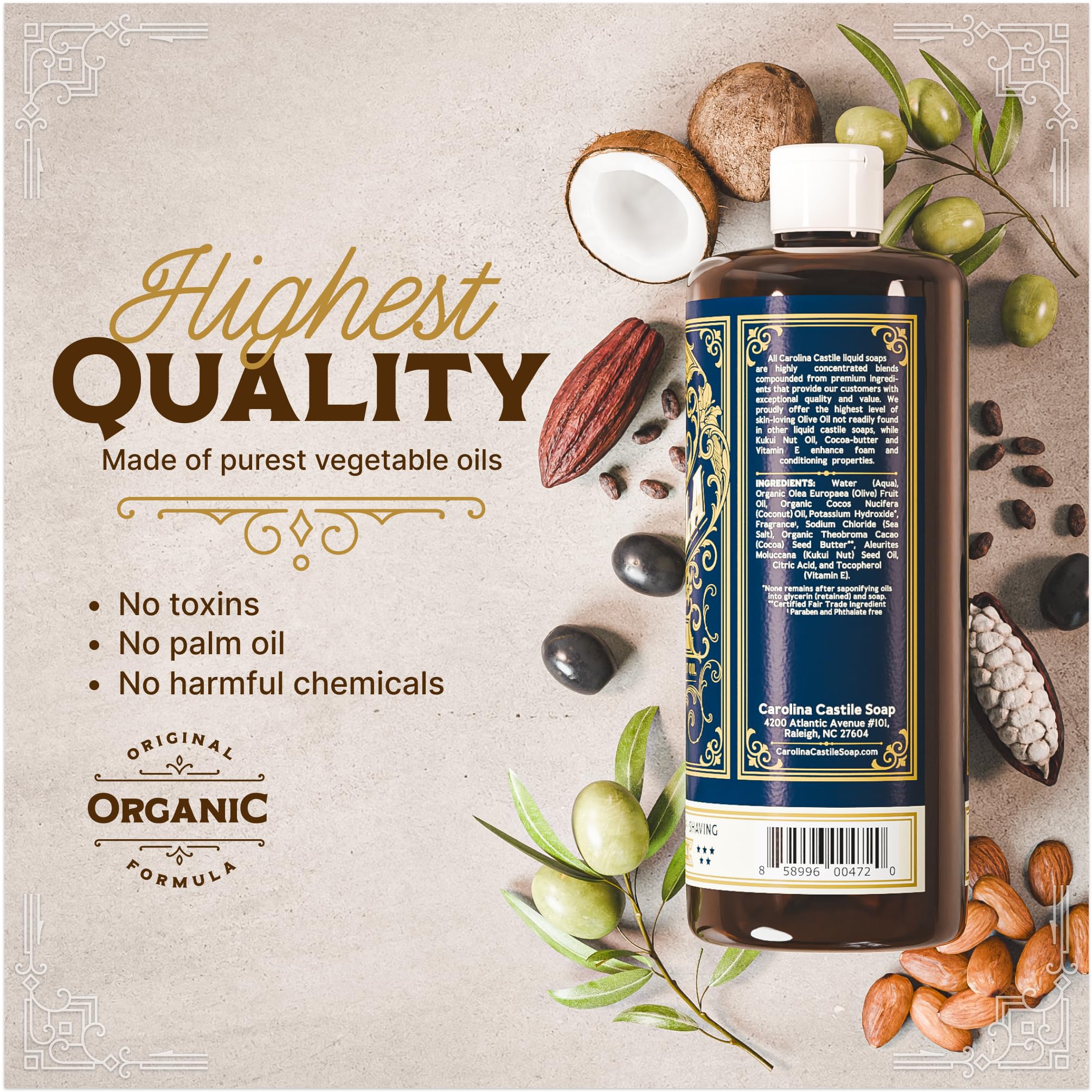 Castile Liquid Body Wash for Sensitive Skin – Natural Shampoo for Men with Olive Oil, Cocoa Butter & Coconut Oil – Tobacco Vanilla by Carolina Castile (Tobacco Vanilla, 32 Fl Oz)