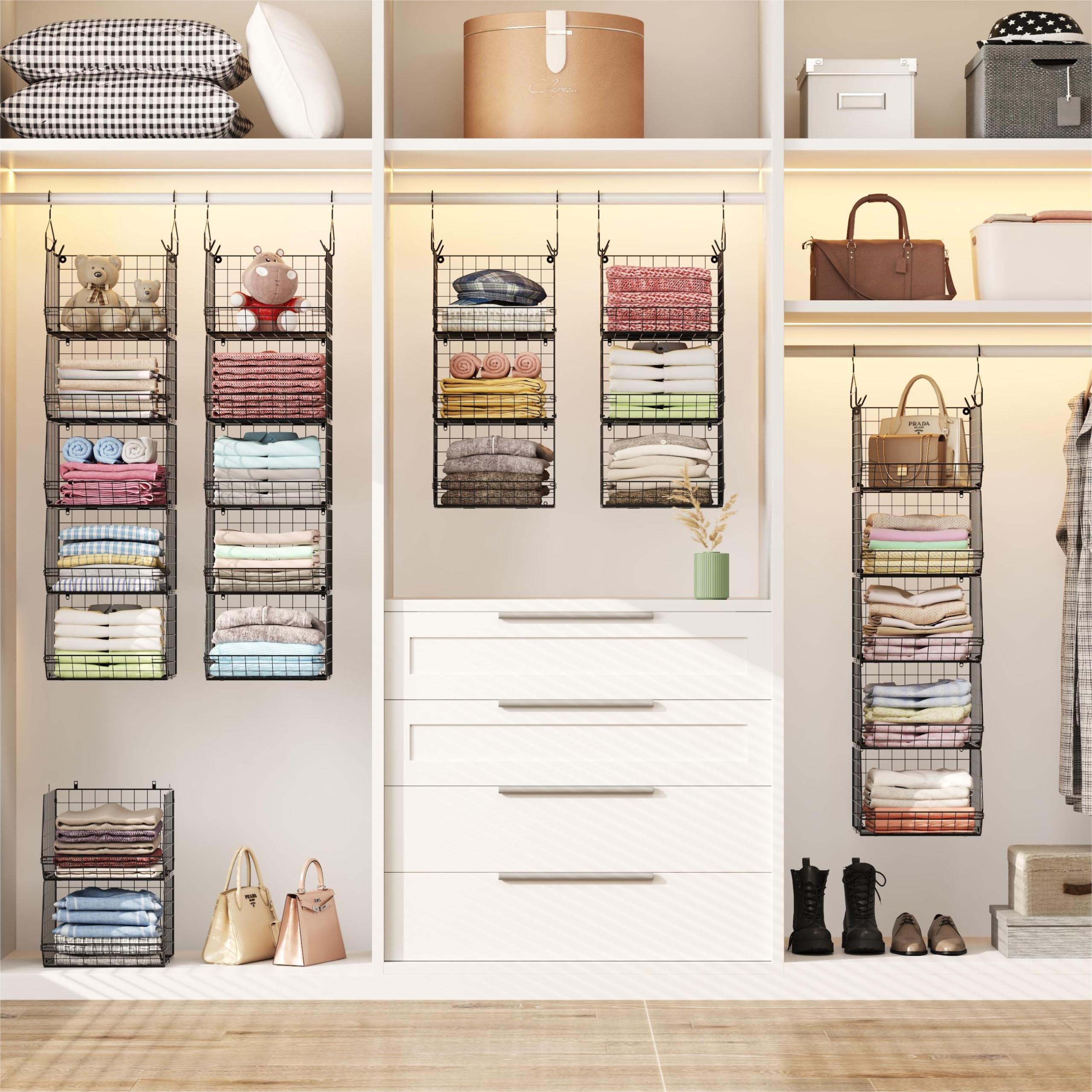 5 Tier Closet Hanging Organizer, Clothes Hanging Shelves with 4 Hanging Hooks 5 S Hooks, Wire Storage Basket Bins, for Clothing Sweaters Shoes Handbags Clutches Accessories Patent Design