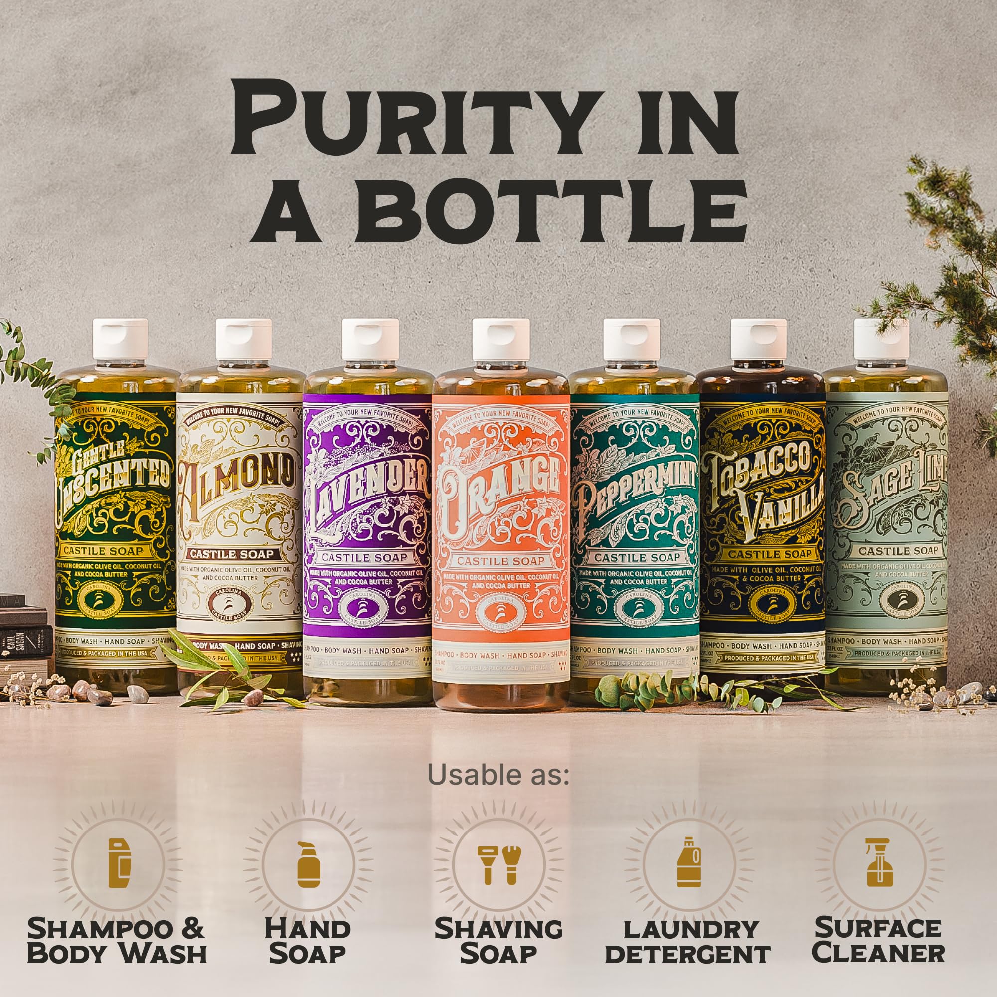 Castile Liquid Body Wash for Sensitive Skin – Natural Shampoo for Men with Olive Oil, Cocoa Butter & Coconut Oil – Tobacco Vanilla by Carolina Castile (Tobacco Vanilla, 32 Fl Oz)