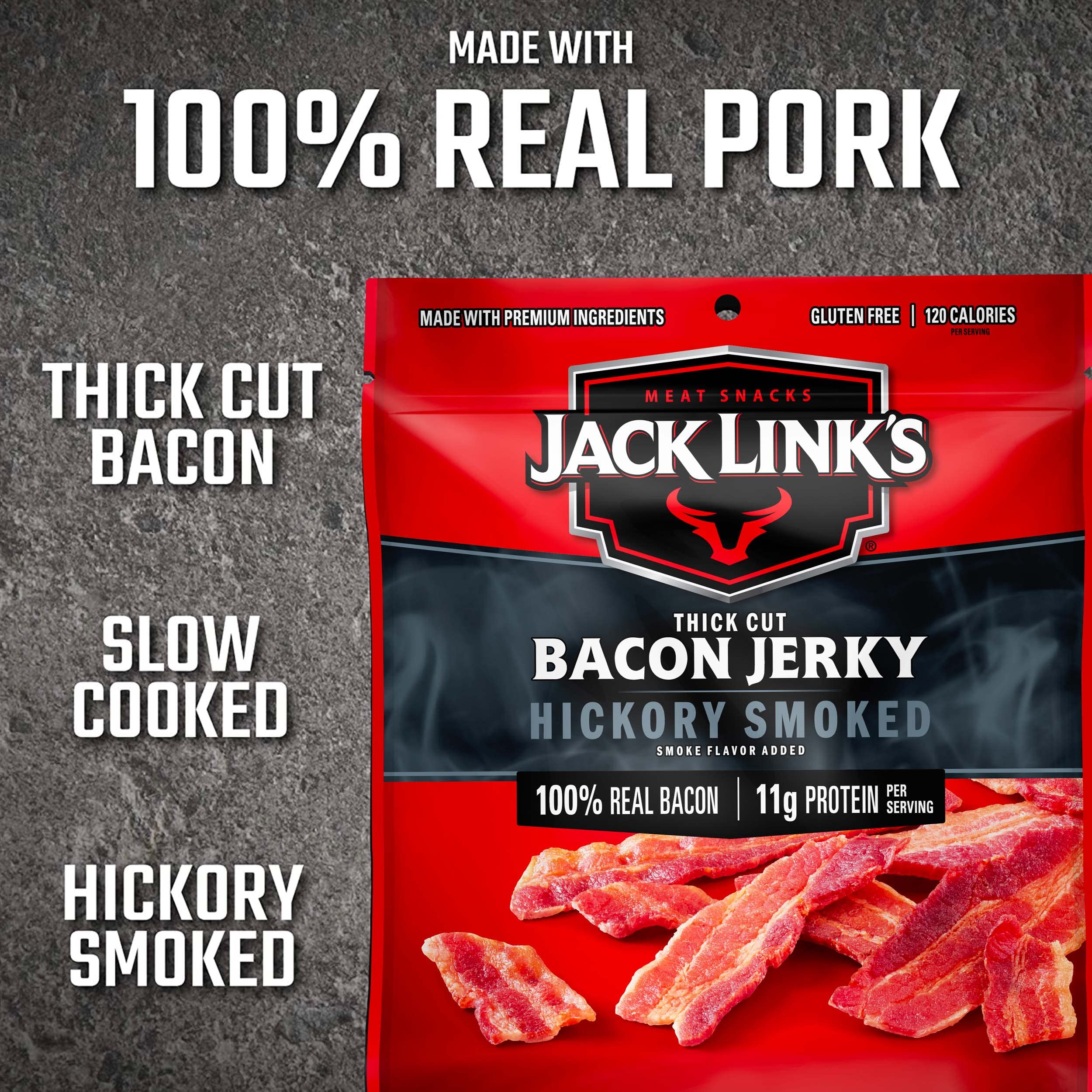 Jack Link's Bacon Jerky, Hickory Smoked - Flavorful Ready to Eat Meat Snack with 11g of Protein per Serving, Made with 100% Thick Cut Real Bacon, Protein Snack, Keto Friendly, 2.5 oz.
