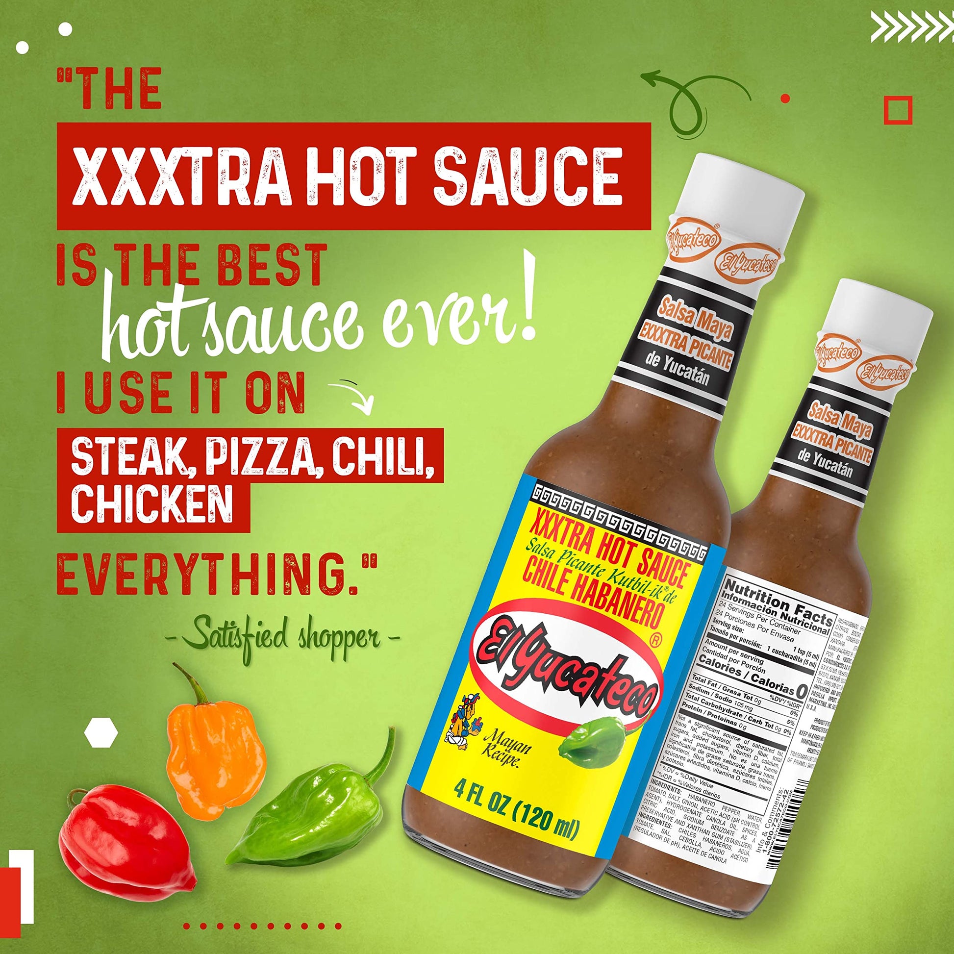 El Yucateco XXXtra Hot Habanero Sauce, 4 oz., 6 Pack,11,250 Average Scoville Units, Gluten Free, Sugar Free