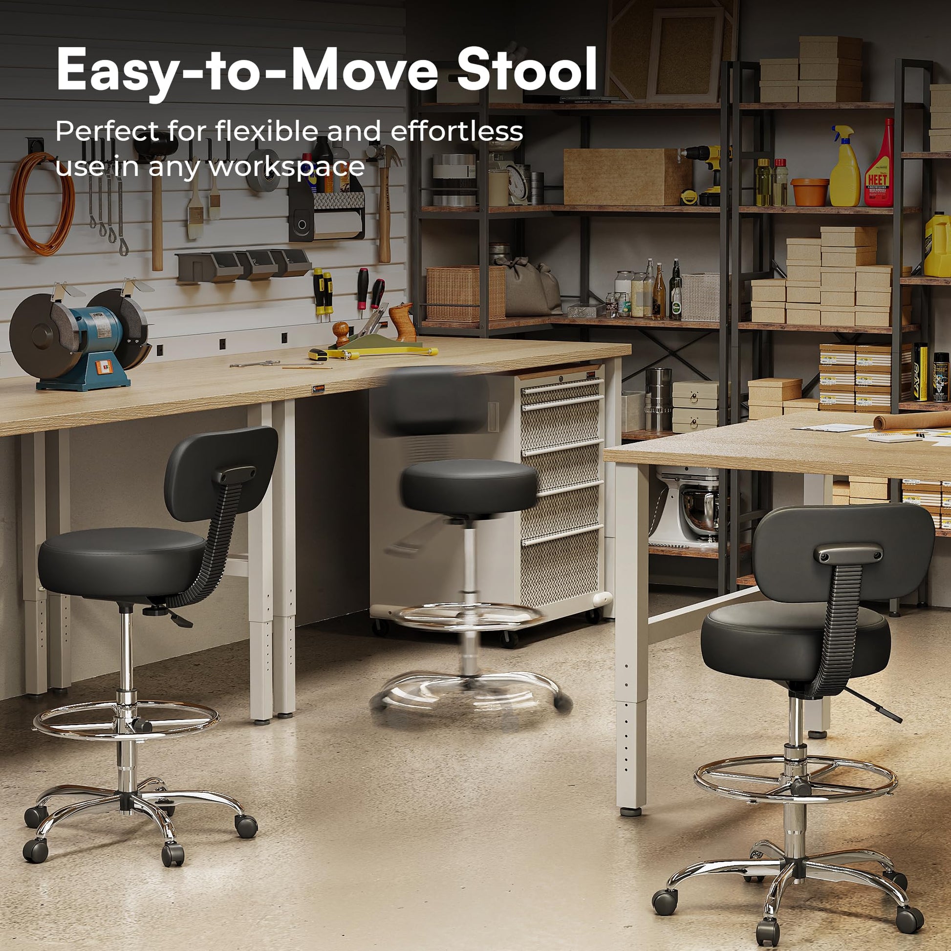 SUPERJARE Drafting Chair with Back, Adjustable Foot Rest Rolling Stool, Multi-Purpose Office Desk Chair, Thick Seat Cushion for Home Bar Kitchen Shop - Black