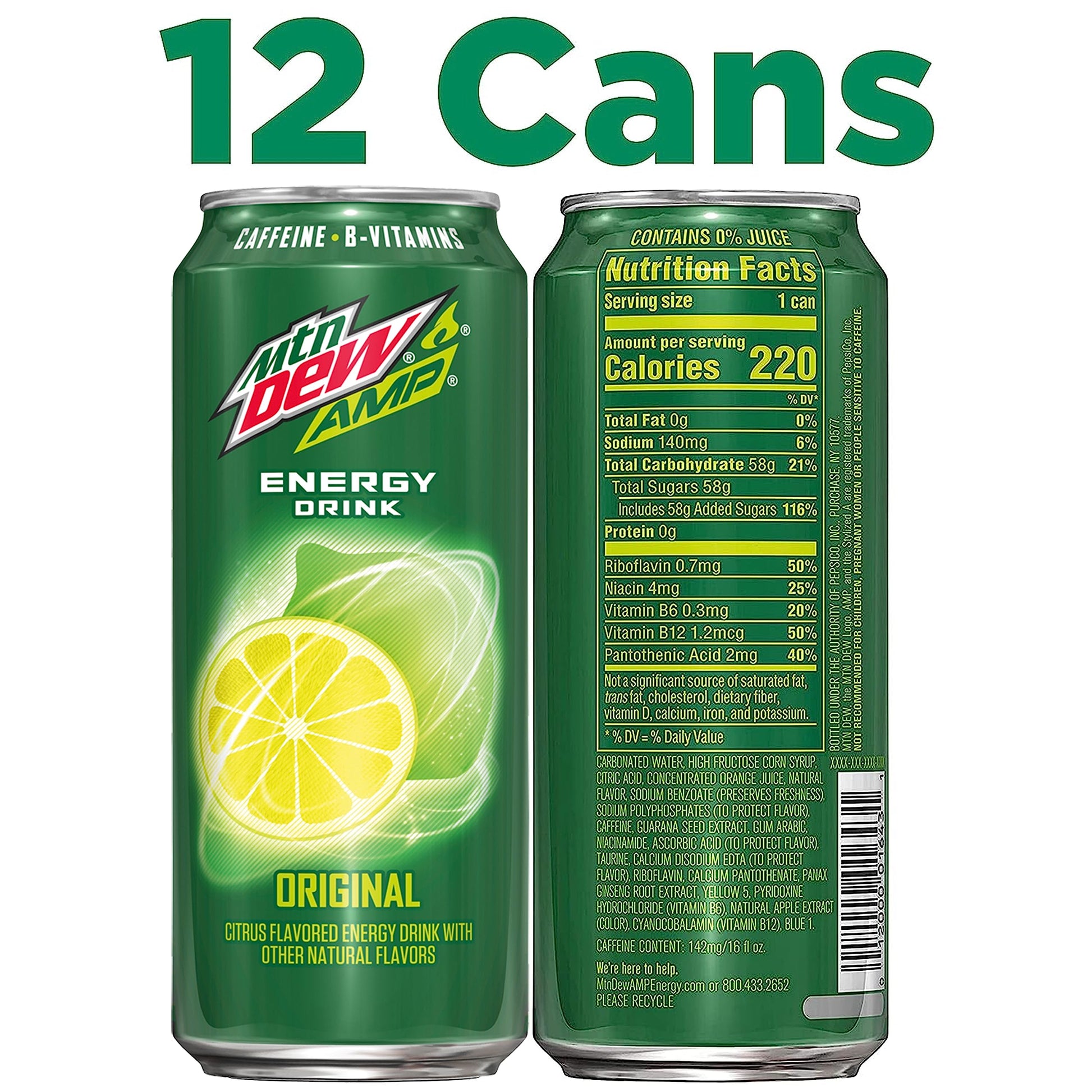 Mtn Dew AMP Energy, Original, Energy Drink with Caffeine, B Vitamins, 16 fl oz cans (12 Pack)
