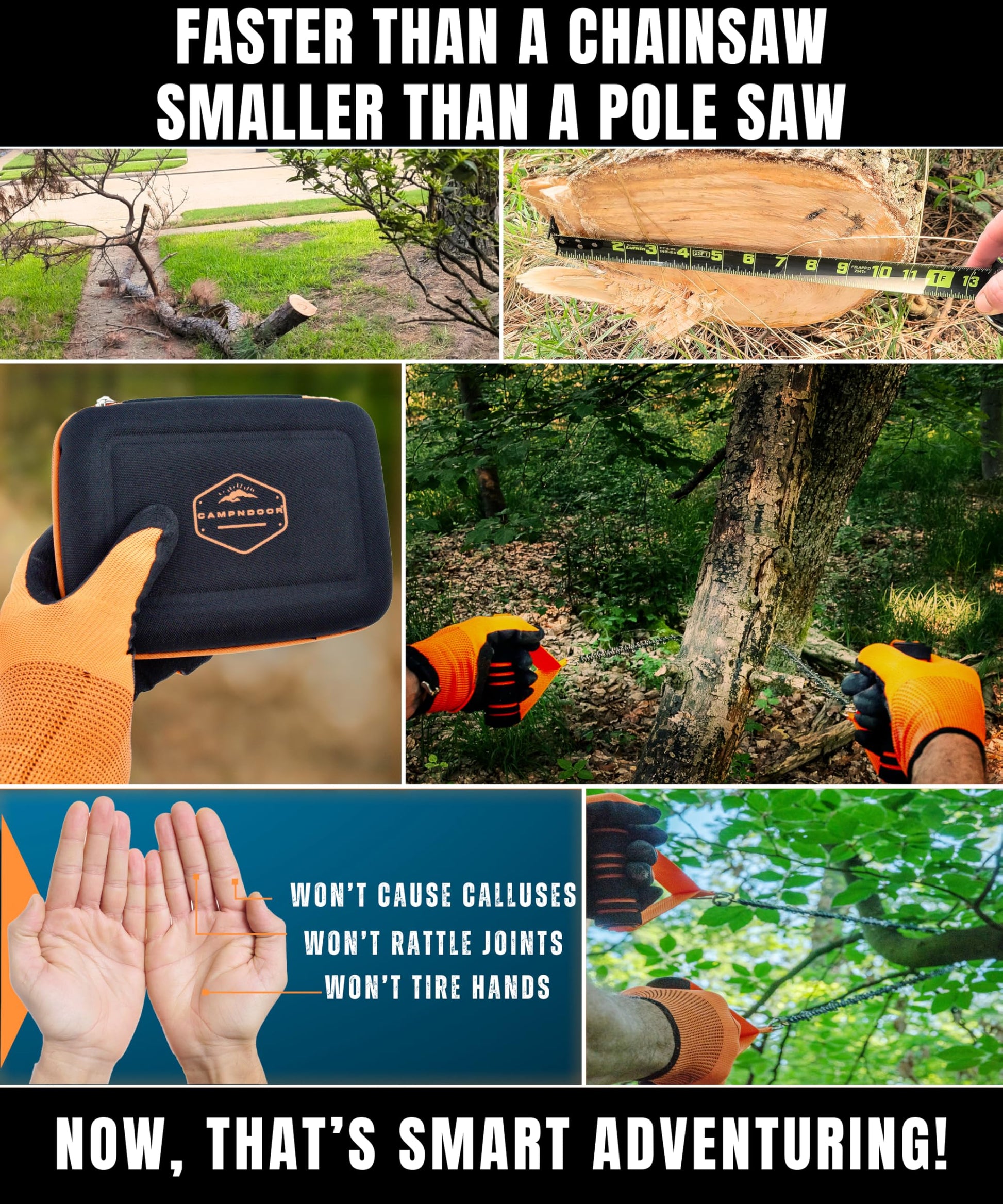 CAMPNDOOR High Limb Rope Saw 53 In - Zero Effort 360 Rope Chain Saw - Sharp Manual Tree Limb Cutter - Hand Chainsaw with Ergonomic Handles and Carrying Case - Fast and Easy Pocket Chainsaw