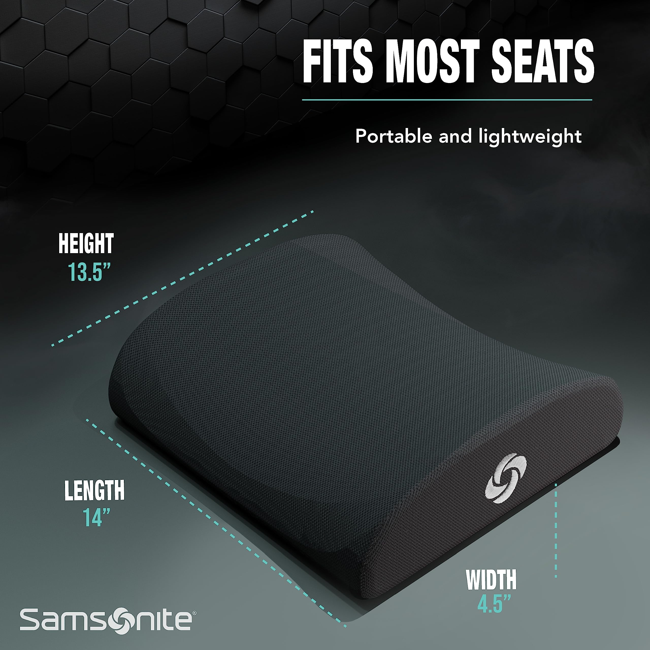 Samsonite Ergonomic Lumbar Support Pillow for Office Chair, Gaming Chair, or Car, Memory Foam Cushion with Ventilated Mesh and Adjustable Strap