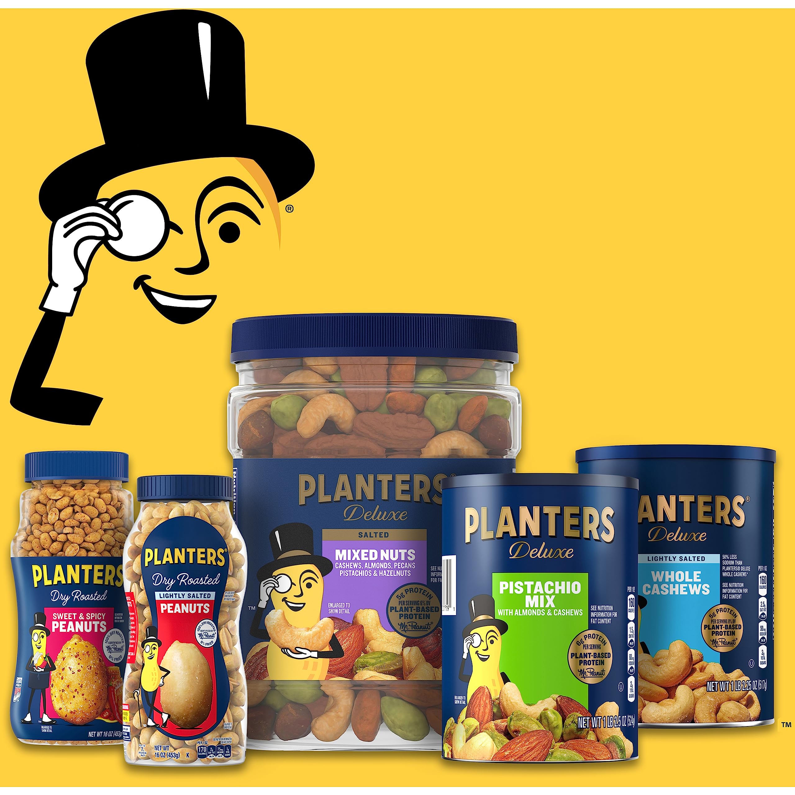 PLANTERS Deluxe Salted Whole Cashews, Party Snacks, Plant-Based Protein, Quick Snack for Adults, After School Snack, Roasted Cashew Flavored with Sea Salt, Bulk Nuts, Kosher, 1 lb 2.25oz Canister