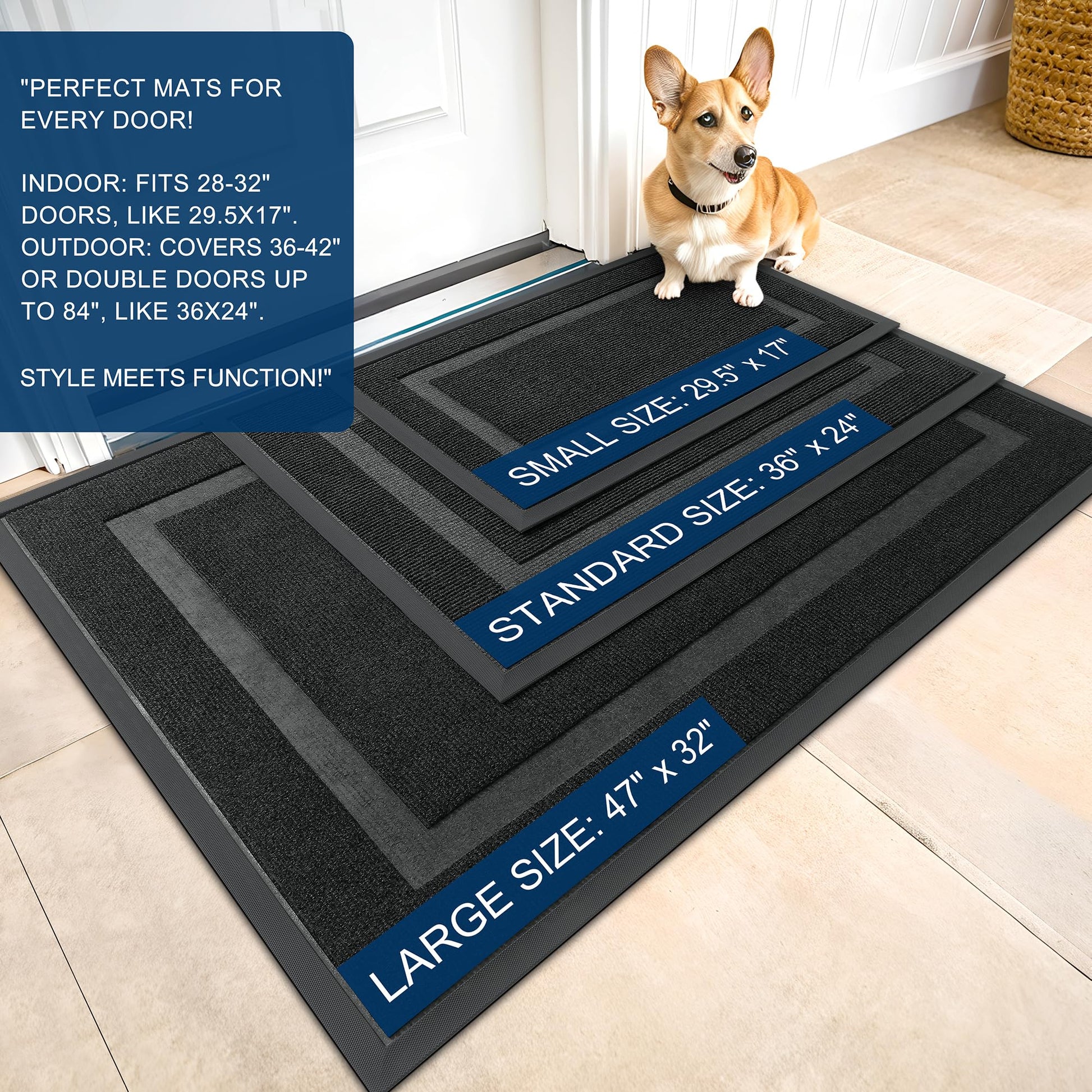 OLANLY Front Door Mat Indoor Outdoor Entrance, Waterproof All-Season, All-Weather Doormat, Sturdy Natural Rubber, Fade Resistant, Low Profile, Easy Clean Patio Porch Entryway Mat, 29.5x17, Black