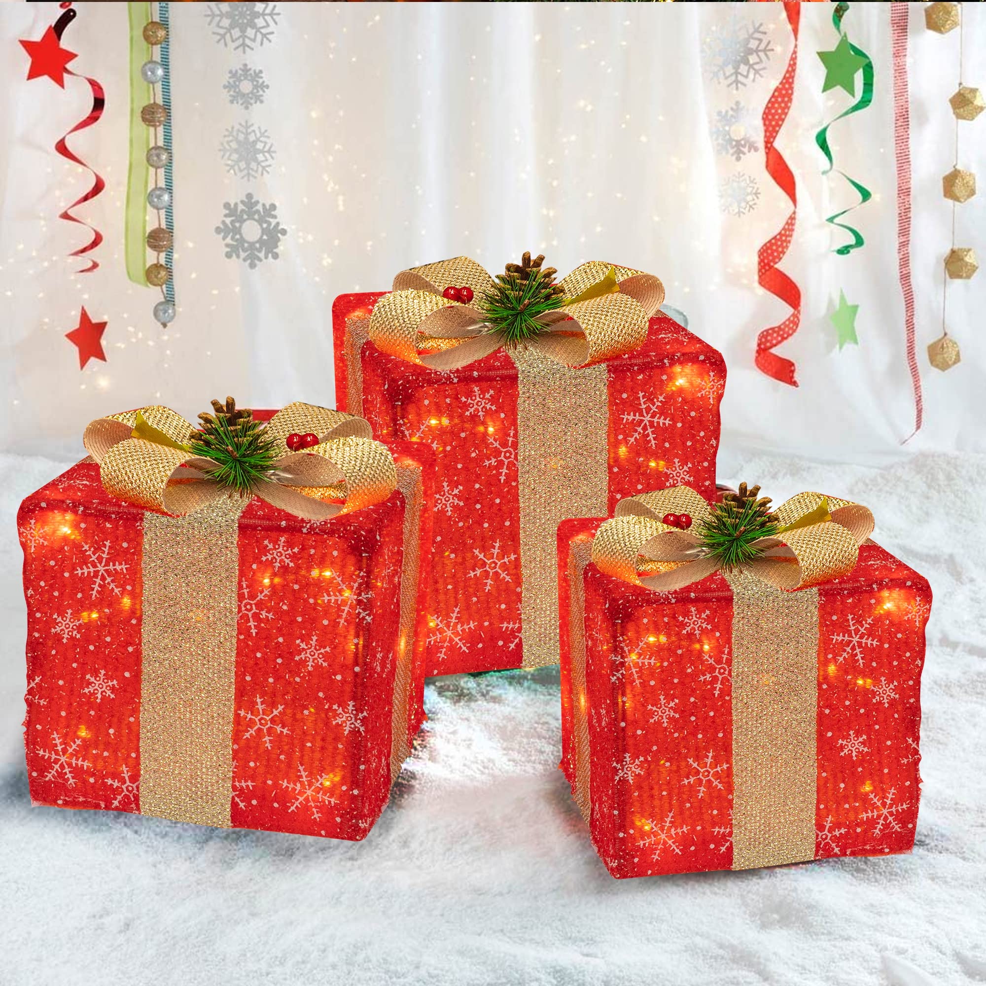 Funpeny Set of 3 Christmas Lighted Gift Boxes, 60 LED Christmas Box Decorations, Presents Boxes with Ribbon Bows Christmas Decorations for Xmas Tree, Yard, Home, Indoor Outdoor Holiday Decor