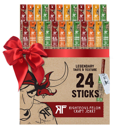 Righteous Felon Meat Sticks Variety Pack | Healthy Snack for Adults | Gluten Free & Keto Meat Sticks | Low Sugar & High Protein Meat Sticks | Turkey, Pork, Beef Sticks | Jerky Gifts for Men | 24 Pack