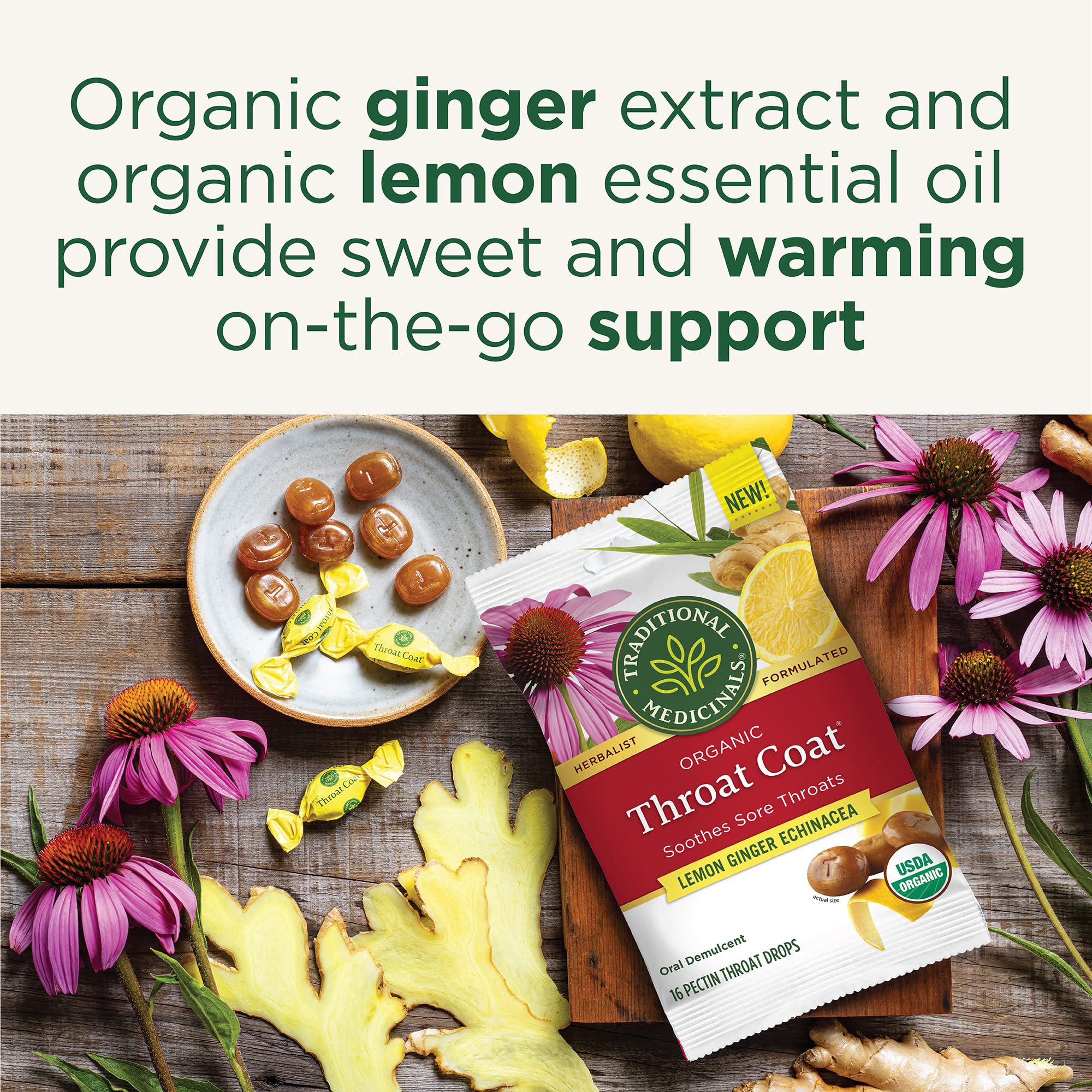 Traditional Medicinals Lozenges, Organic Throat Coat Lemon Ginger Echinacea, Sore Throat Support, 16 Individually Wrapped Lozenges