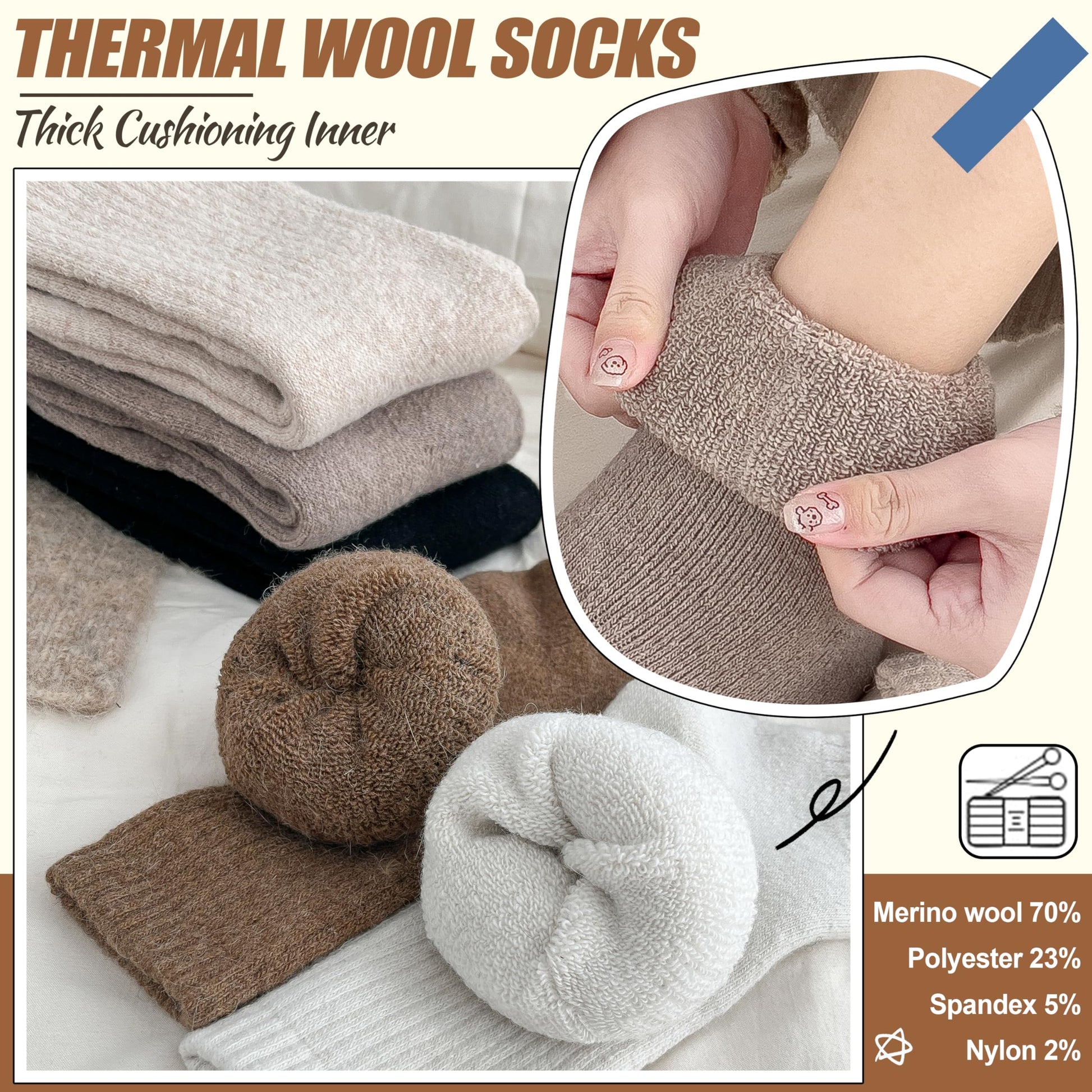 EBMORE Merino Wool Boot Socks Warm Thermal Winter Thick Hiking Cozy Boot Crew Comfy Socks 5 Pairs for Women Gifts Stocking Stuffers(Beige/White/Black/Khaki)
