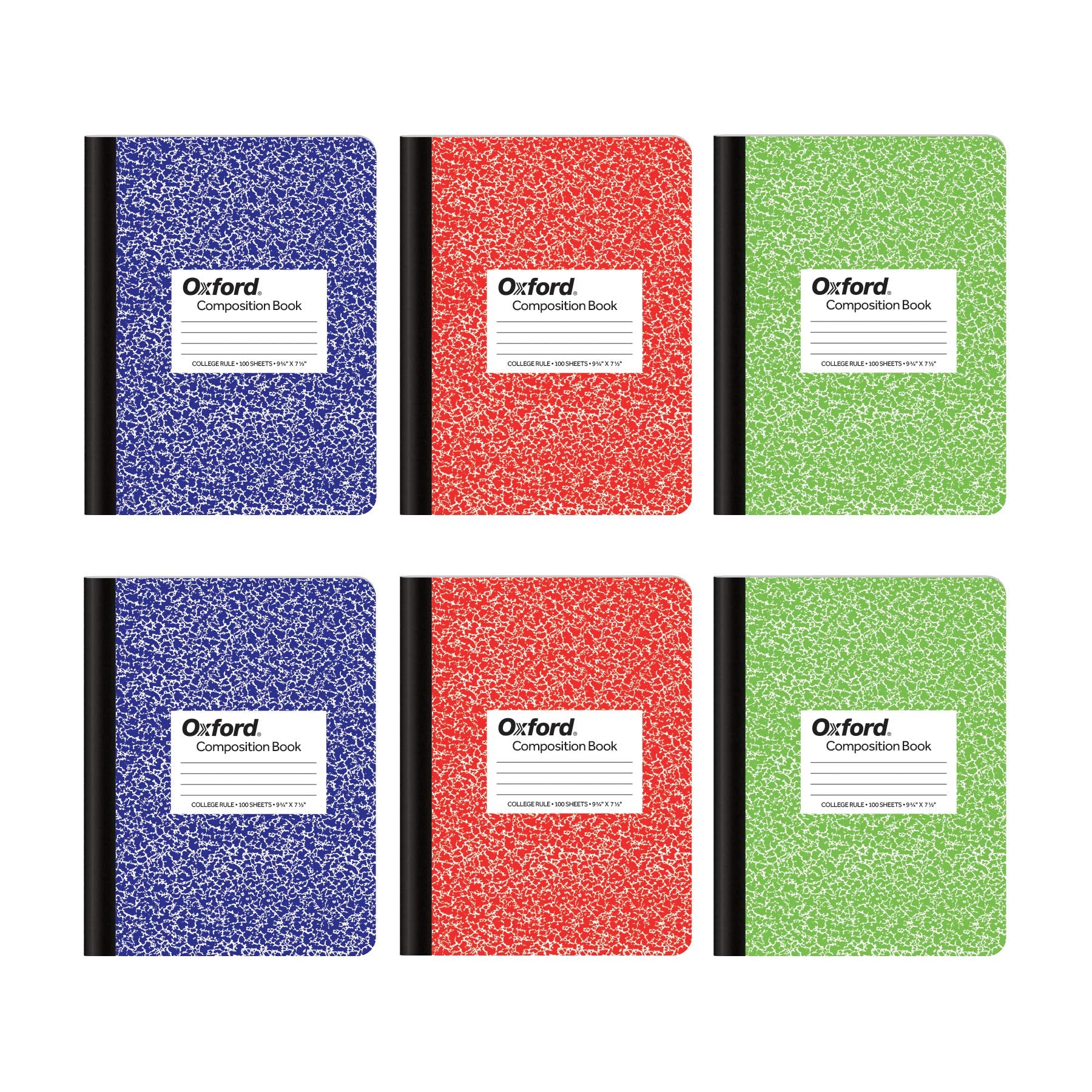 Oxford Composition Notebook 6 Pack, College Ruled Paper, 9-3/4 x 7-1/2 Inches, 100 Sheets, Assorted Marble Covers. 2 Each: Blue, Green, Red (63763)