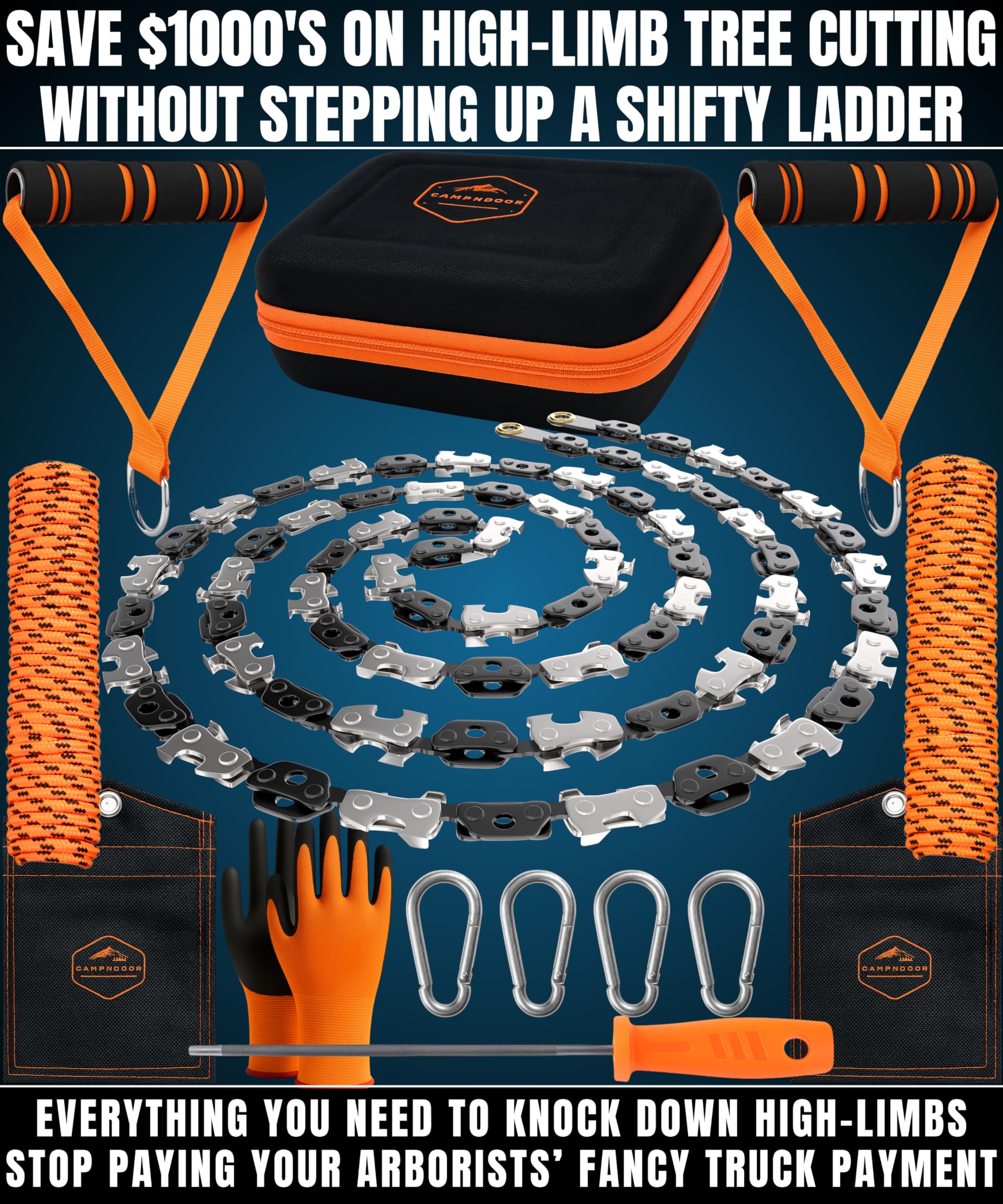 CAMPNDOOR High Limb Rope Saw 53 In - Zero Effort 360 Rope Chain Saw - Sharp Manual Tree Limb Cutter - Hand Chainsaw with Ergonomic Handles and Carrying Case - Fast and Easy Pocket Chainsaw