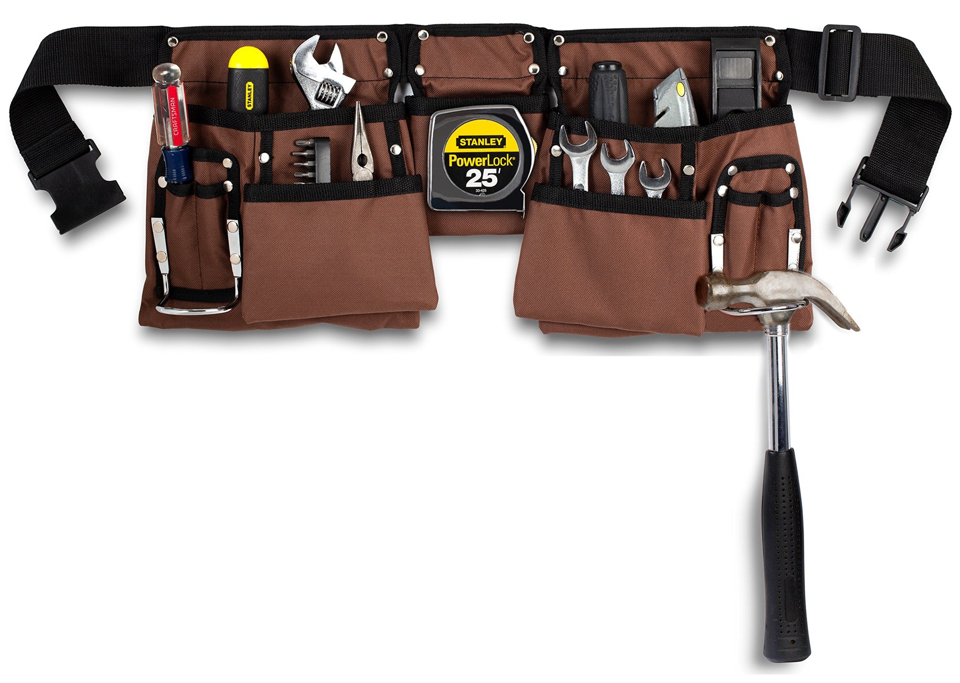 11 Pocket Brown and Black Heavy Duty Construction Tool Belt, Work Apron, Tool Pouch, with Poly Web Belt Quick Release Buckle - Adjusts from 33Ã¢ÂÂ Inches All the Way to 50Ã¢ÂÂ Inches