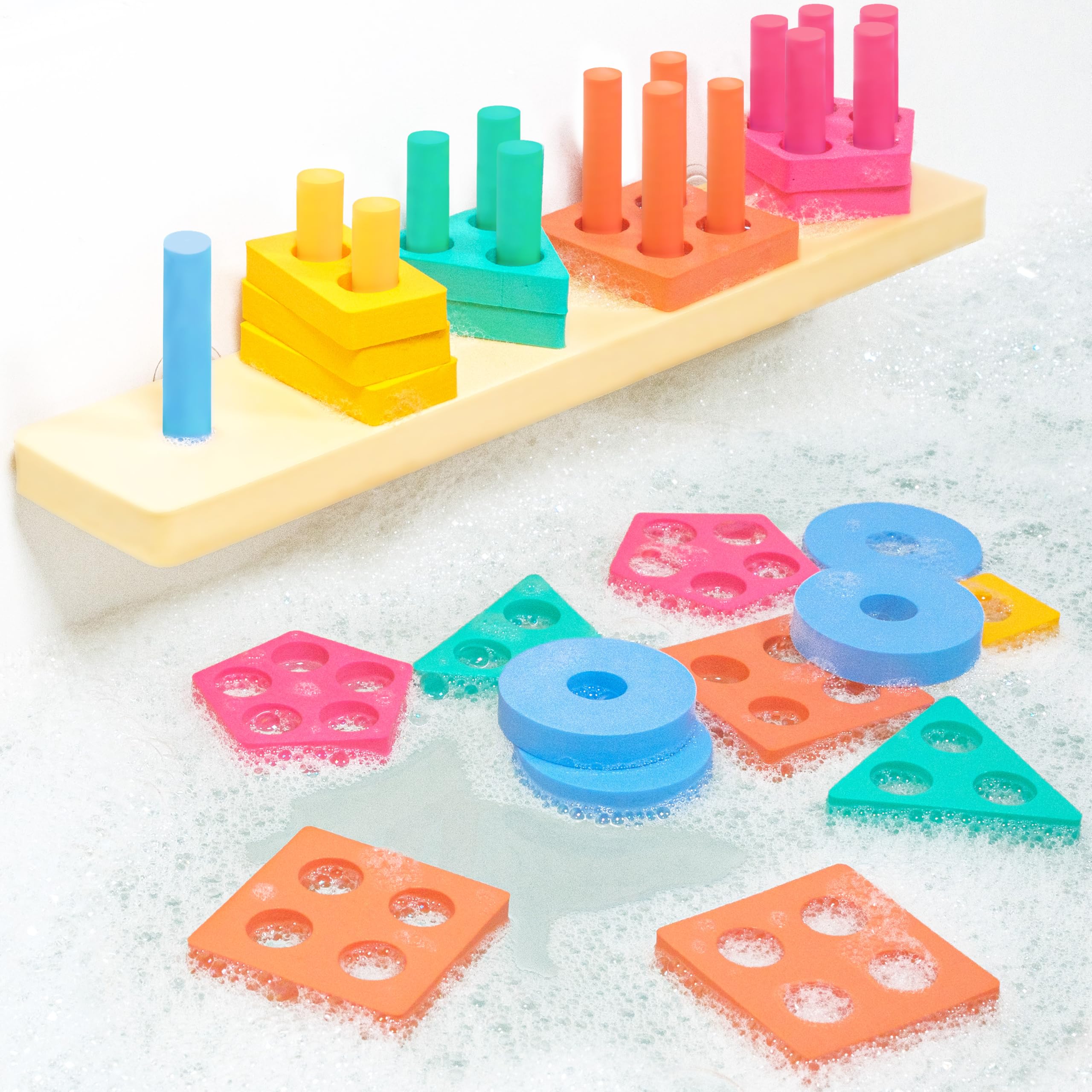 Tub Works® Splash, Stack & Sort™ Shape Sorter & Stacking Toddler Bath Toy | 20 Foam Pieces | Color Sorting & Shape Stacking Kids Bath Toys | Floats & Sticks to Tub Walls | Early Learning Bathtub Toys