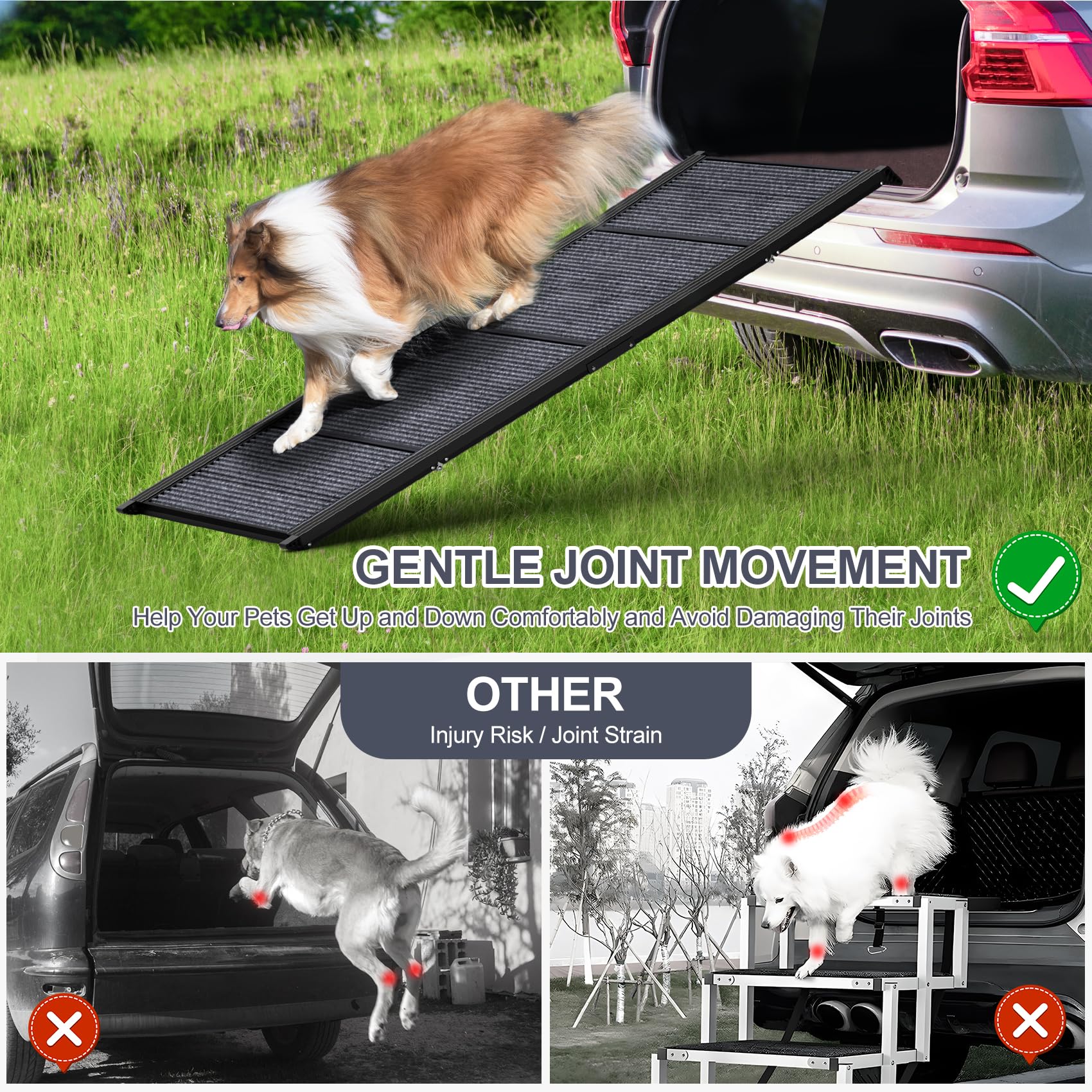 HerCcreta wigge Dog Ramp for Car 63" Long & 17" Wide Portable Dog Ramps for Large Dogs with Non-Slip Rug Surface Dog Car Ramp for SUV Car & Truck, Folding Dog Ramp Up to 250LBS