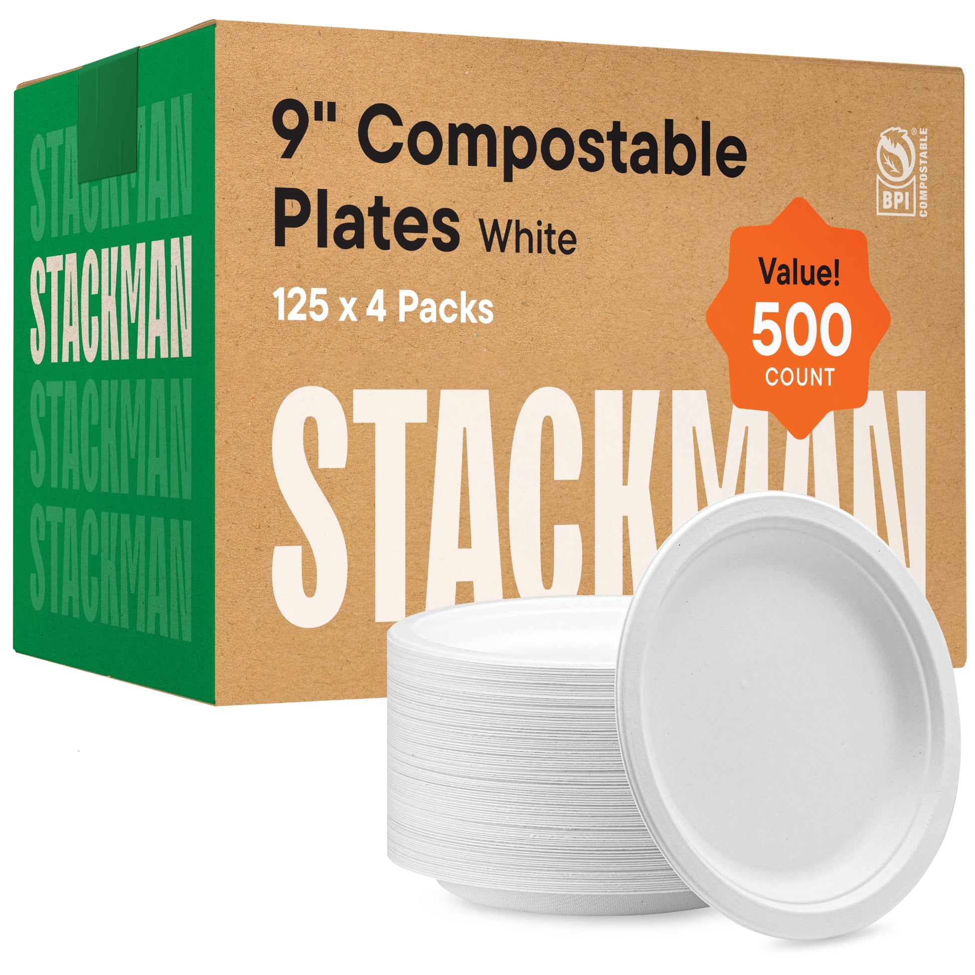 100% Compostable Paper Plates 9 Inch [500 Count] Heavy-Duty Dinner Plates - Natural White Color Unbleached Bagasse - Eco-Friendly Disposable Biodegradable Sugarcane Plates - [Bulk Case 4/125 Pack]