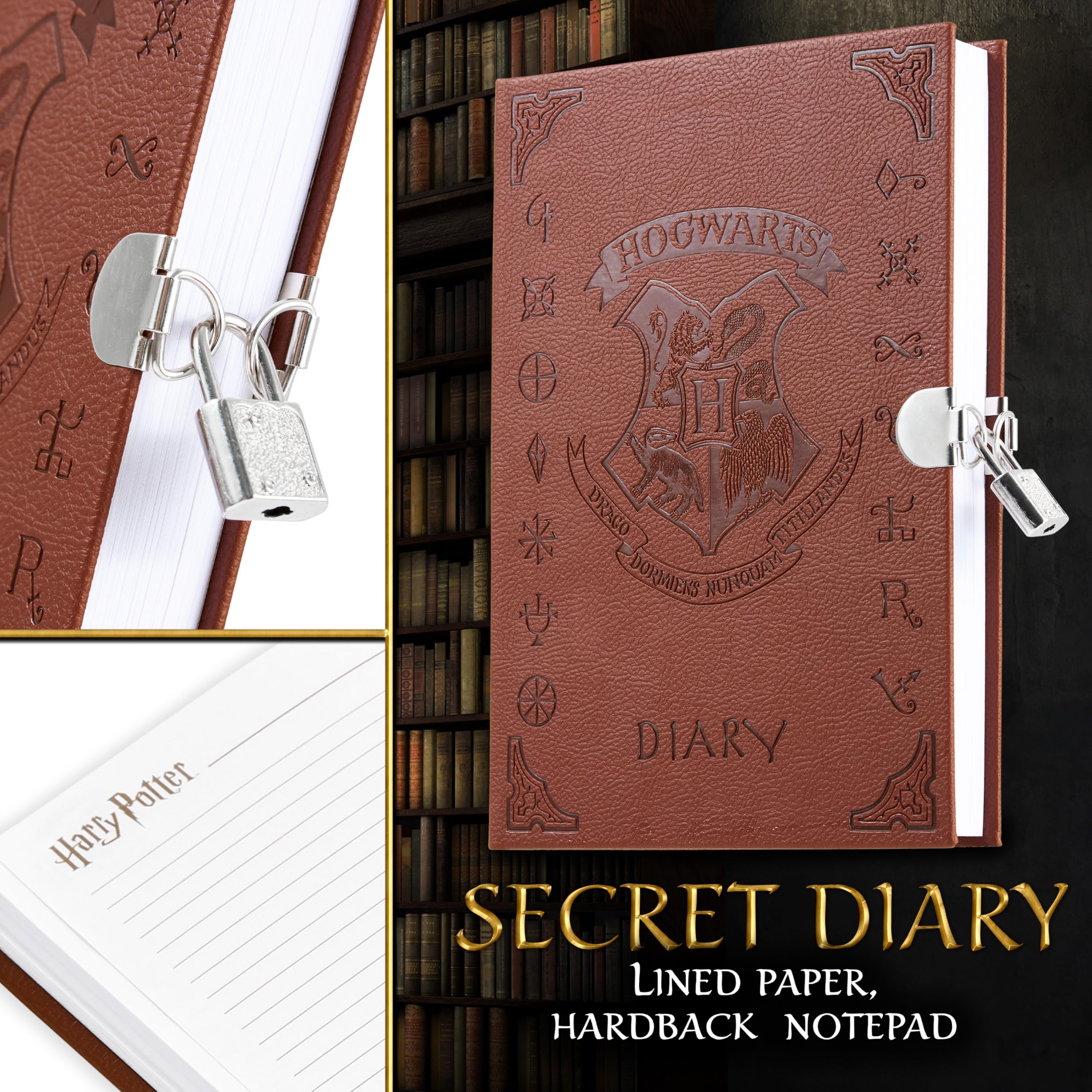 Harry Potter Lockable Diary with UV Invisible Ink Pen for Kids, Teens, Secret Journal with Key, Lined Pages, Stationery Supplies, Gifts for Kids (Brown UV Pen)